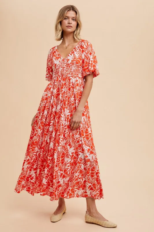 Coral Red Resort Print Puff Sleeve Maxi Dress sold by Pinkblush