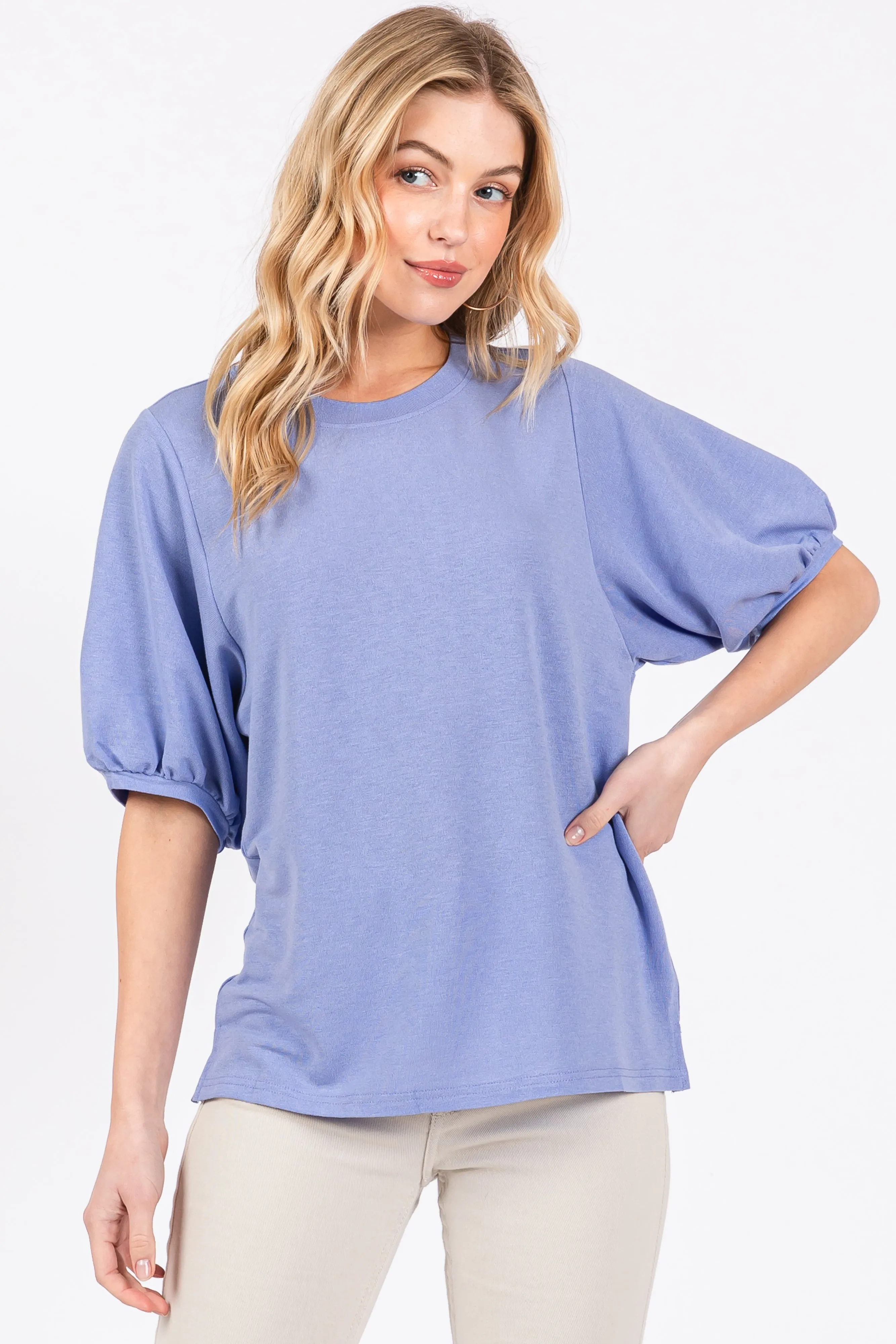 Light Blue Short Puff Sleeve Top sold by Pinkblush