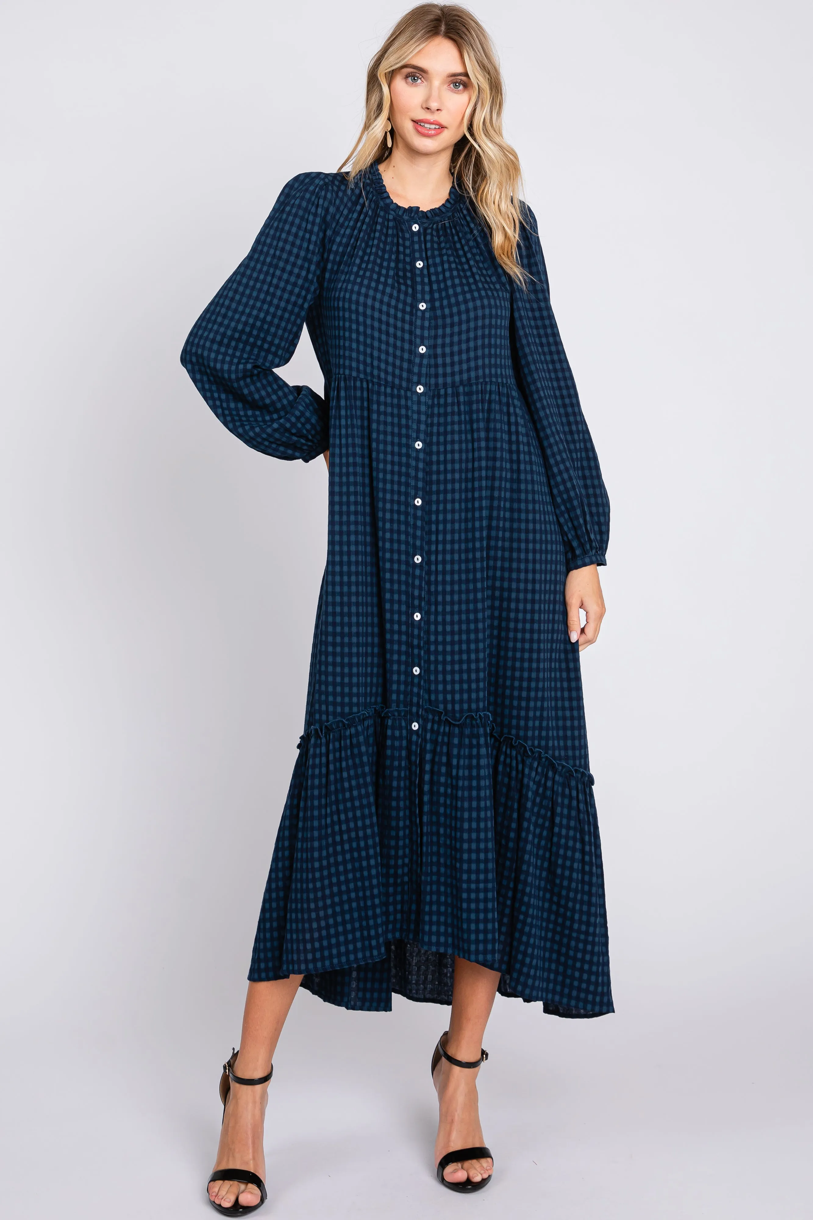 Navy Gingham Button Maternity Midi Dress sold by Pinkblush product image thumbnail 5