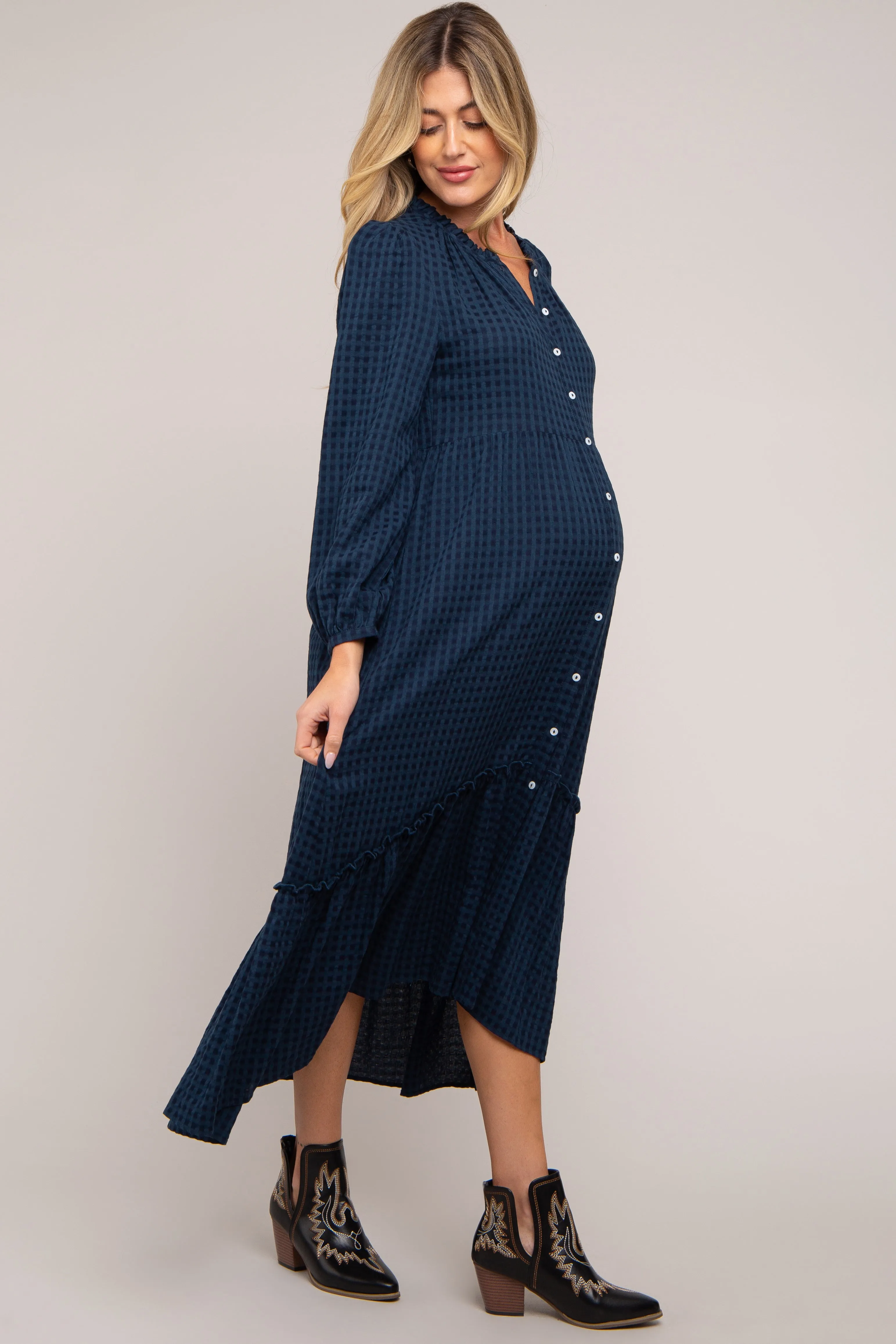 Navy Gingham Button Maternity Midi Dress sold by Pinkblush product image thumbnail 2