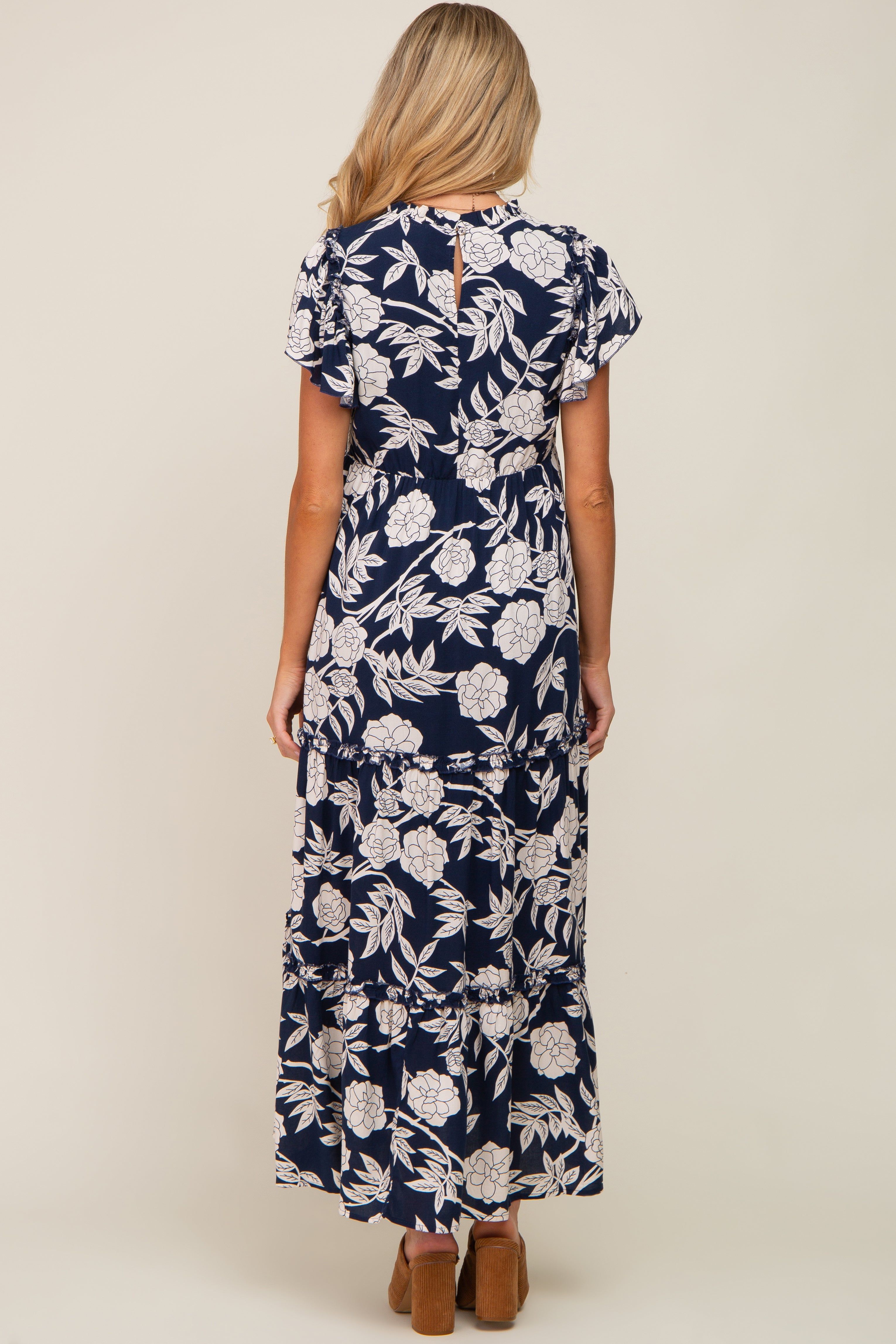 Navy Floral Tiered Ruffle Accent Maternity Maxi Dress sold by Pinkblush product image thumbnail 3