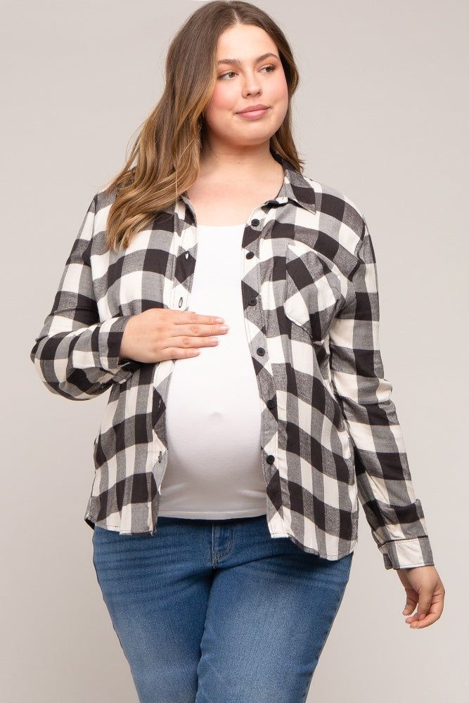 Cream Checkered Maternity Plus Long Sleeve Button Down Top sold by Pinkblush