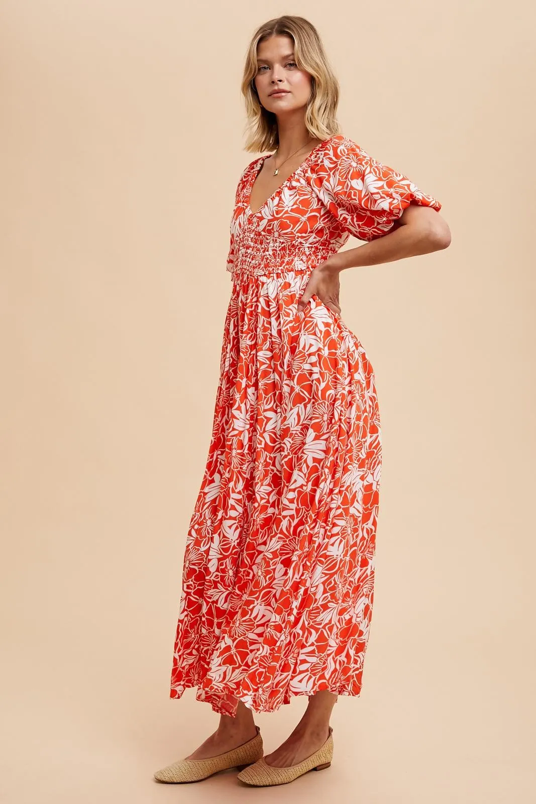 Coral Red Resort Print Puff Sleeve Maxi Dress sold by Pinkblush product image thumbnail 4