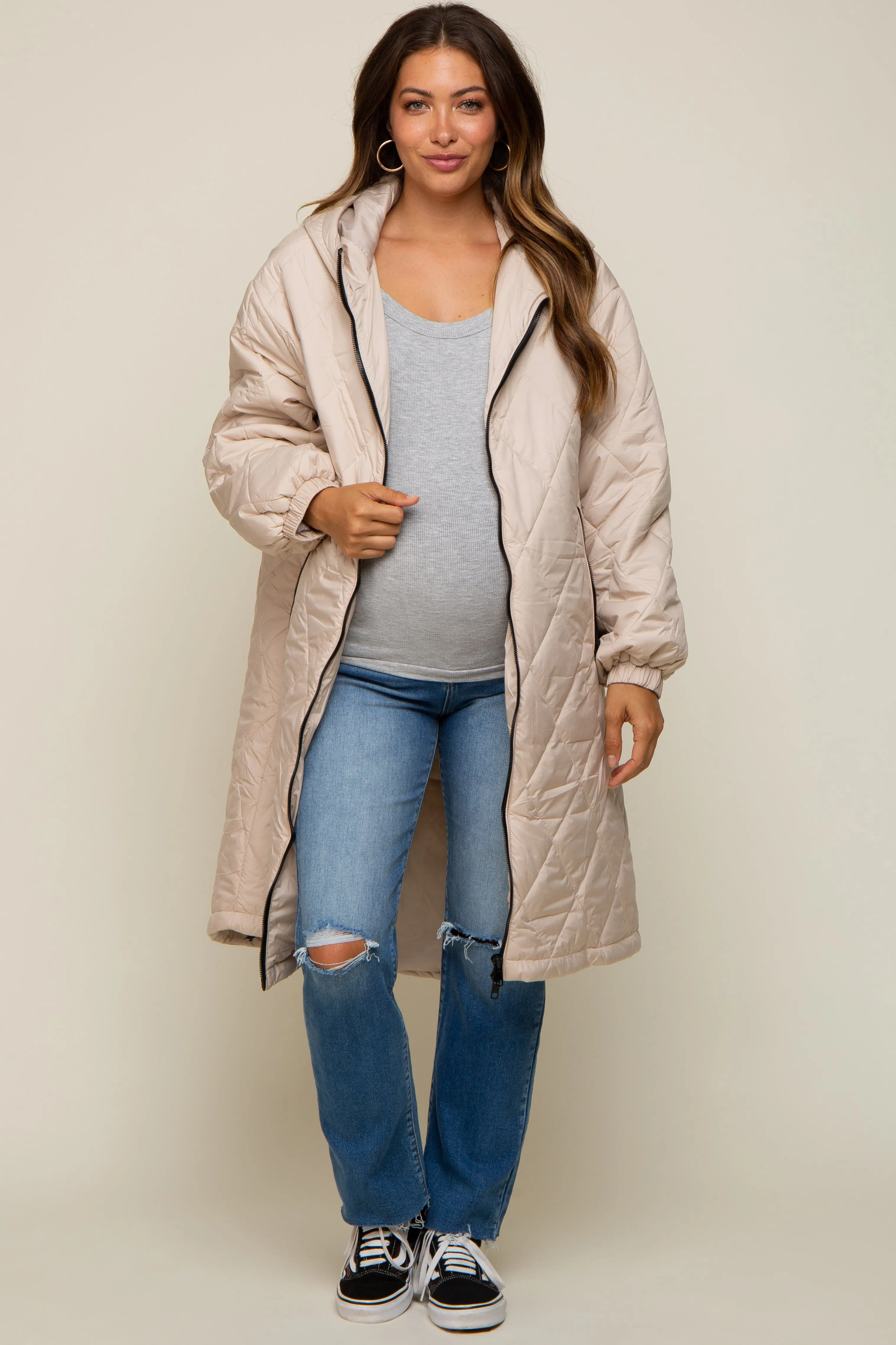 Beige Quilted Long Maternity Puffer Jacket sold by Pinkblush