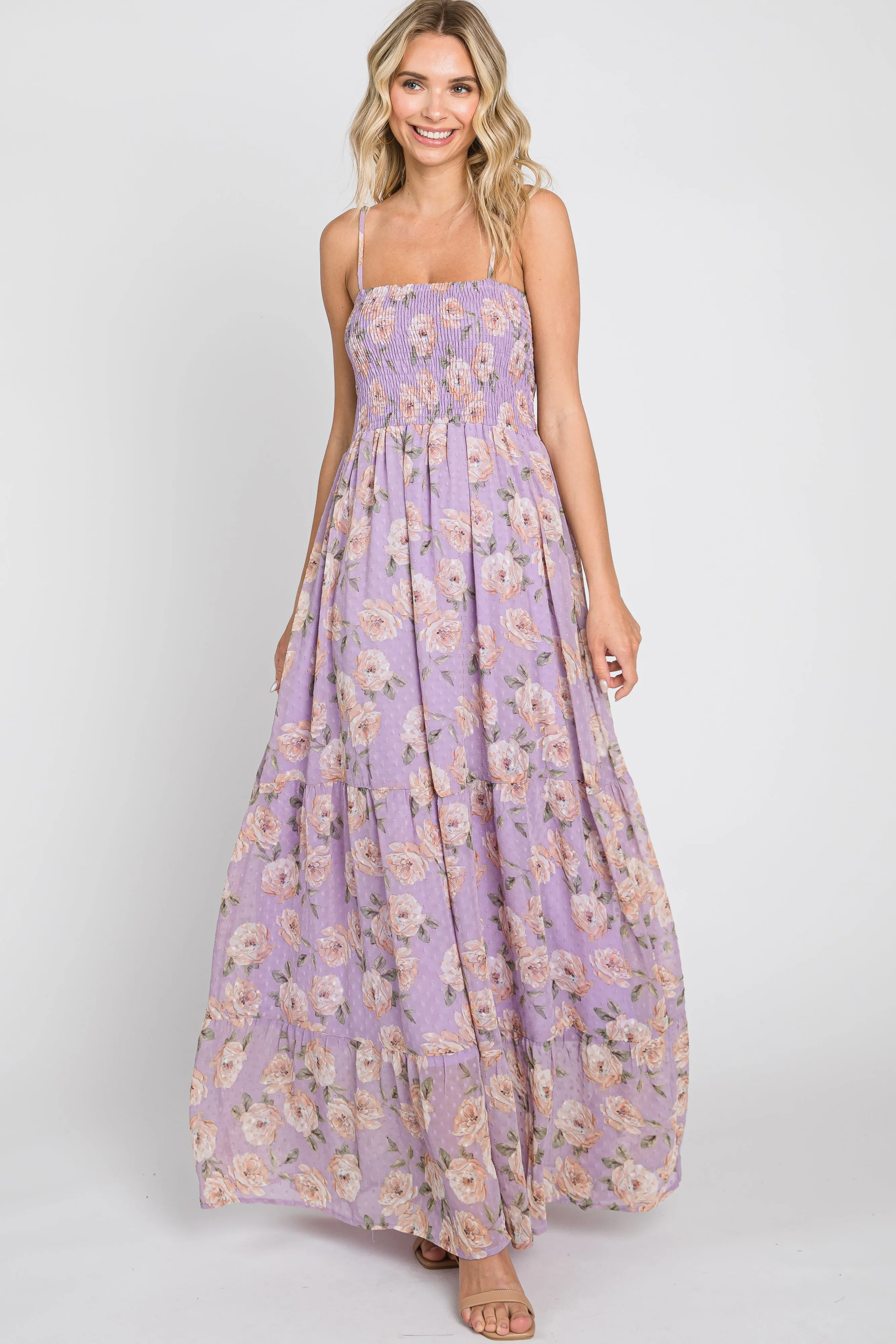 Lavender Floral Swiss Dot Smocked Maxi Dress sold by Pinkblush