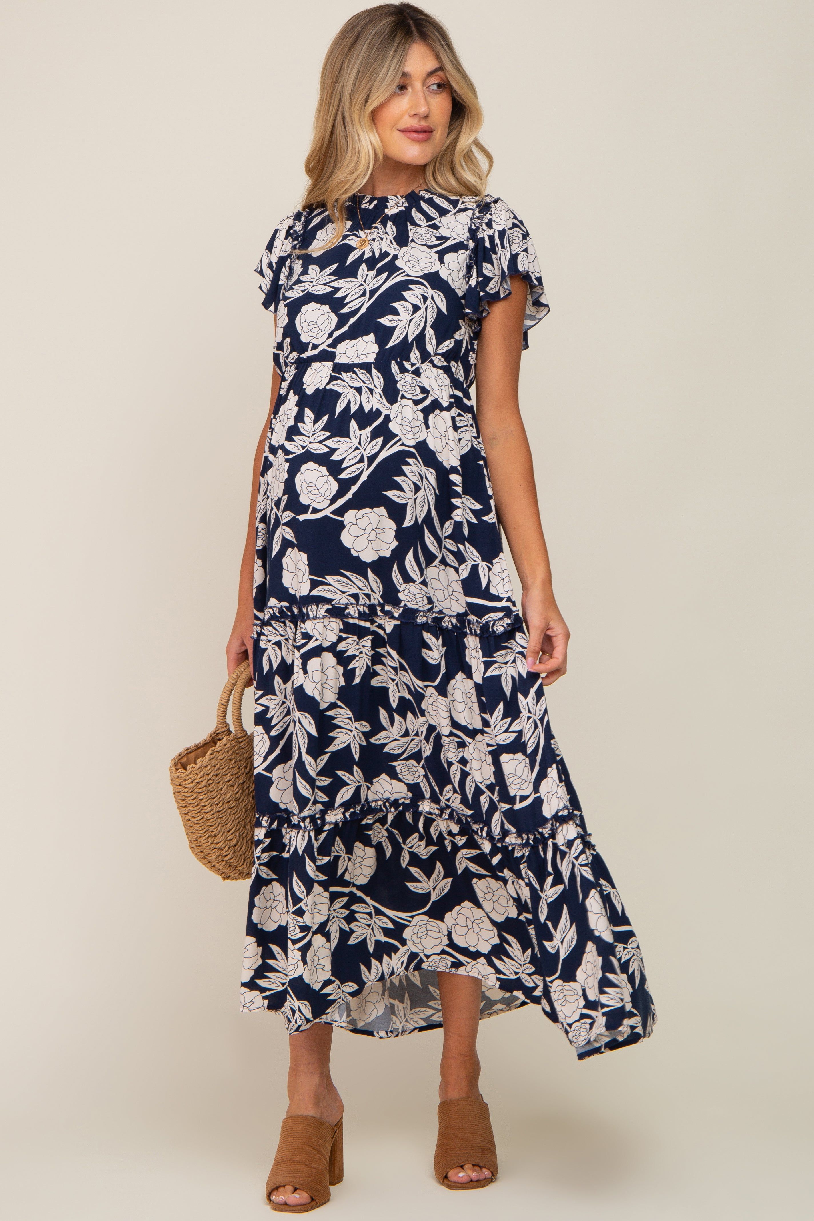 Navy Floral Tiered Ruffle Accent Maternity Maxi Dress sold by Pinkblush product image thumbnail 4