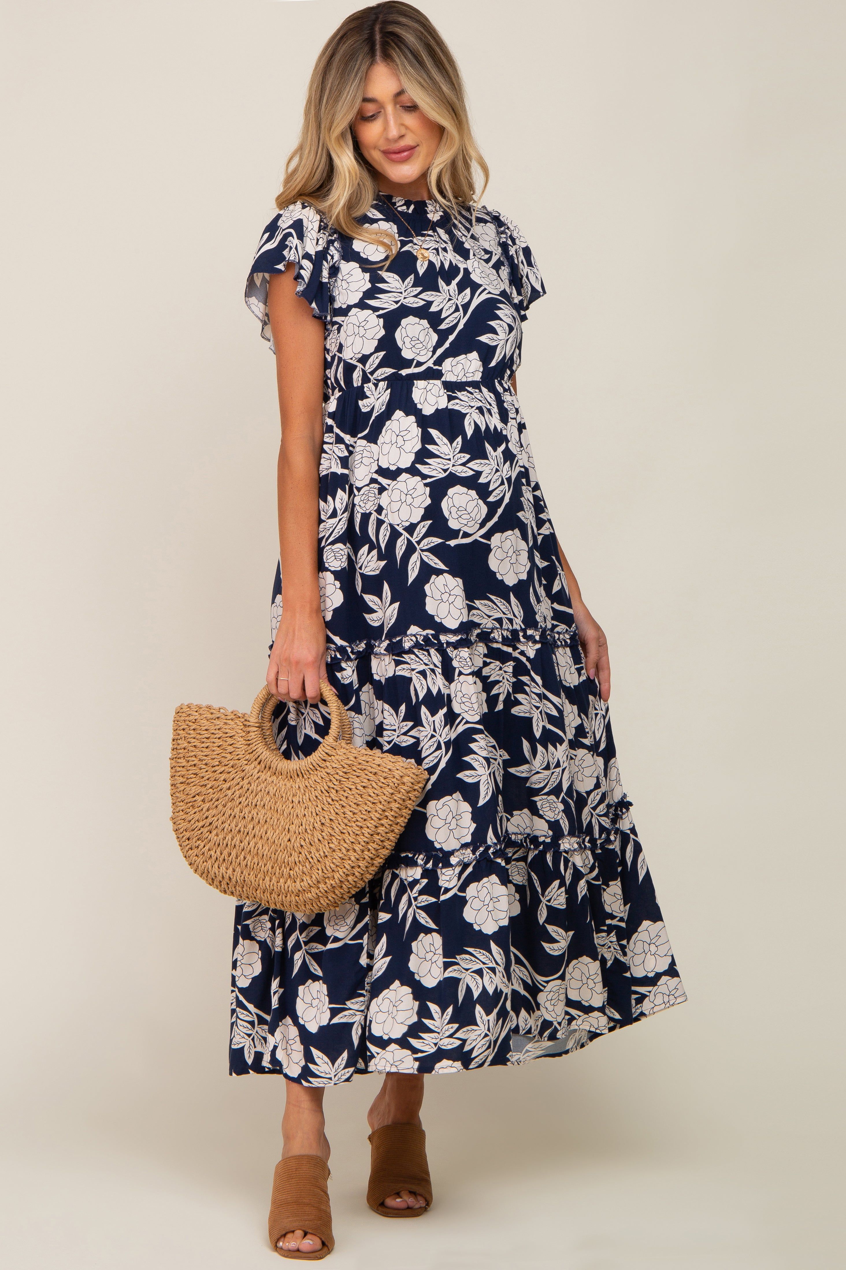 Navy Floral Tiered Ruffle Accent Maternity Maxi Dress sold by Pinkblush
