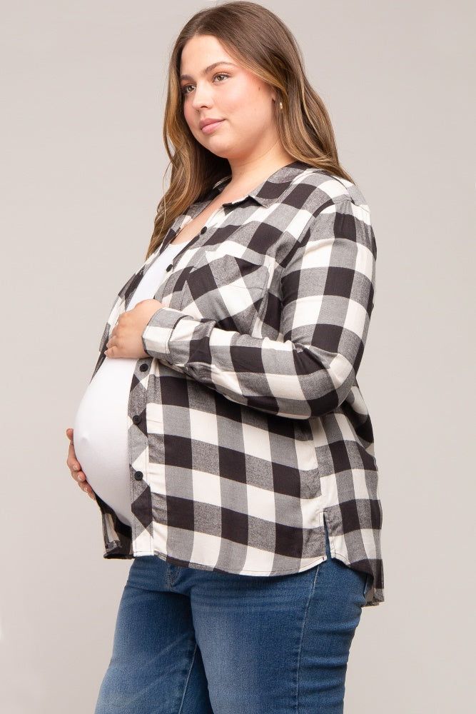 Cream Checkered Maternity Plus Long Sleeve Button Down Top sold by Pinkblush product image thumbnail 2