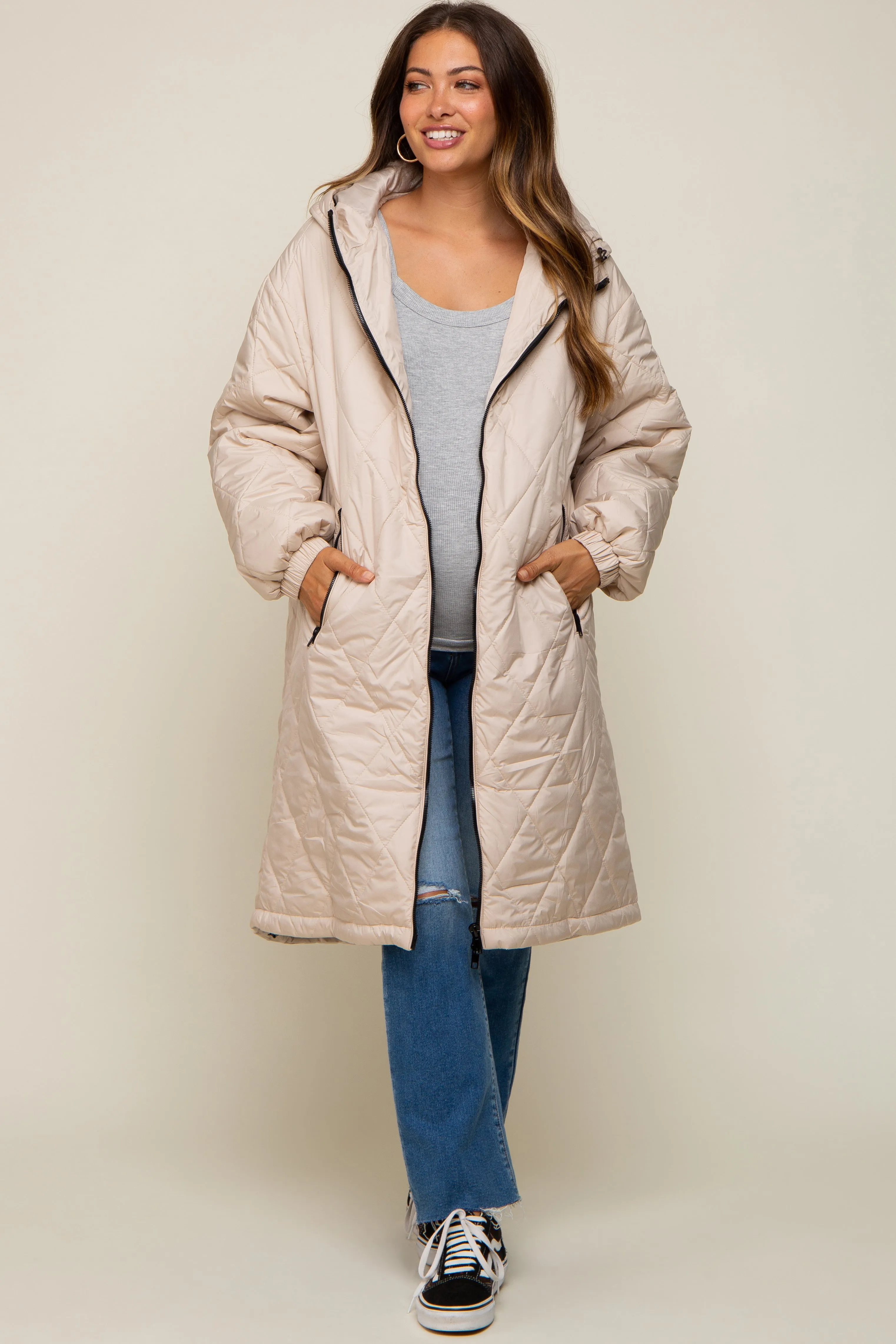 Beige Quilted Long Maternity Puffer Jacket sold by Pinkblush product image thumbnail 5