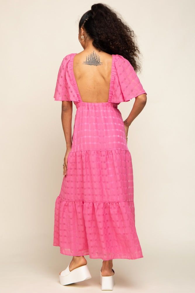 Pink Gingham Chiffon Tiered Midi Dress sold by Pinkblush product image thumbnail 3