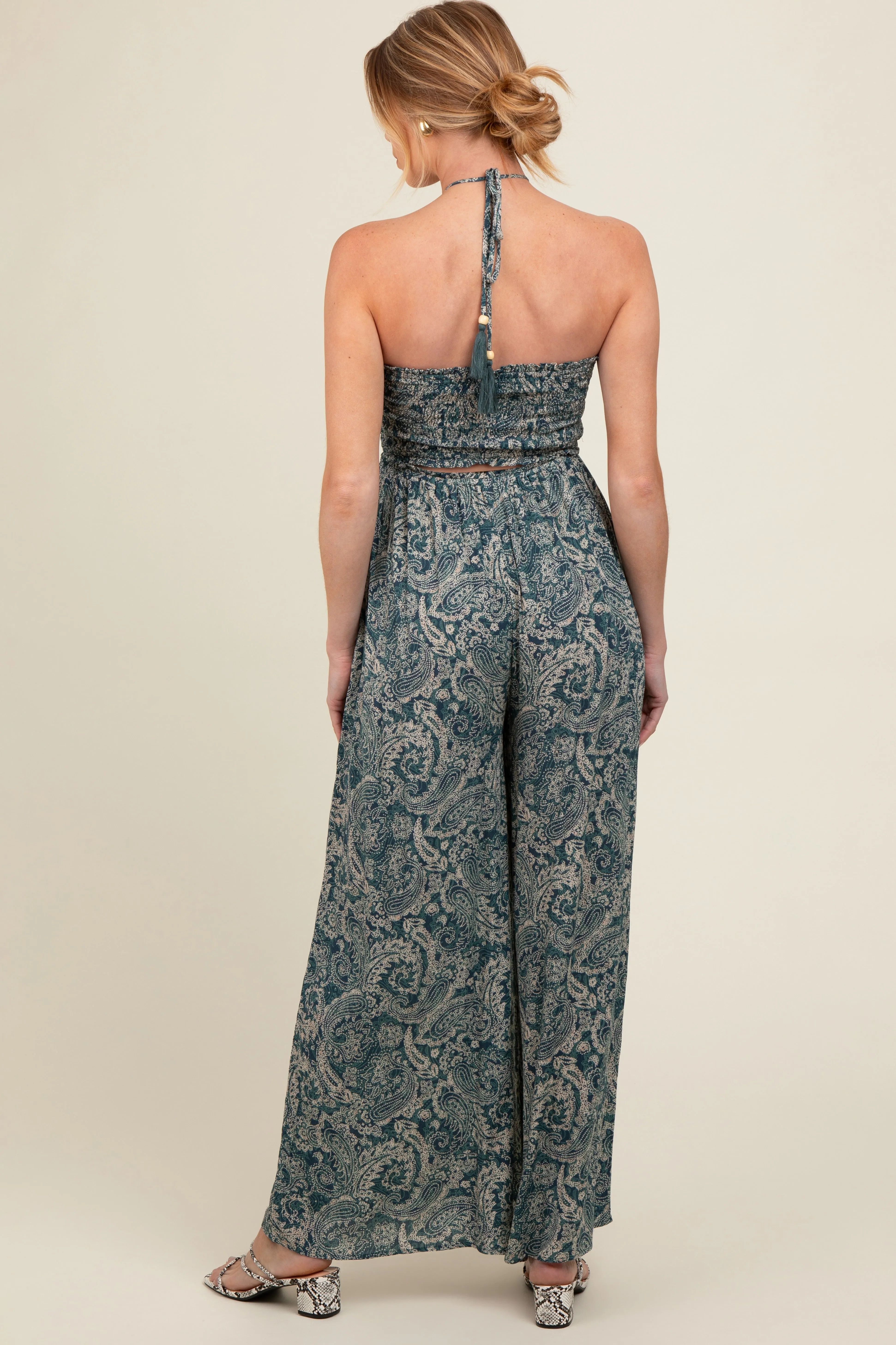 Teal Print Back Cutout Smocked Halter Wide Leg Maternity Jumpsuit sold by Pinkblush product image thumbnail 3