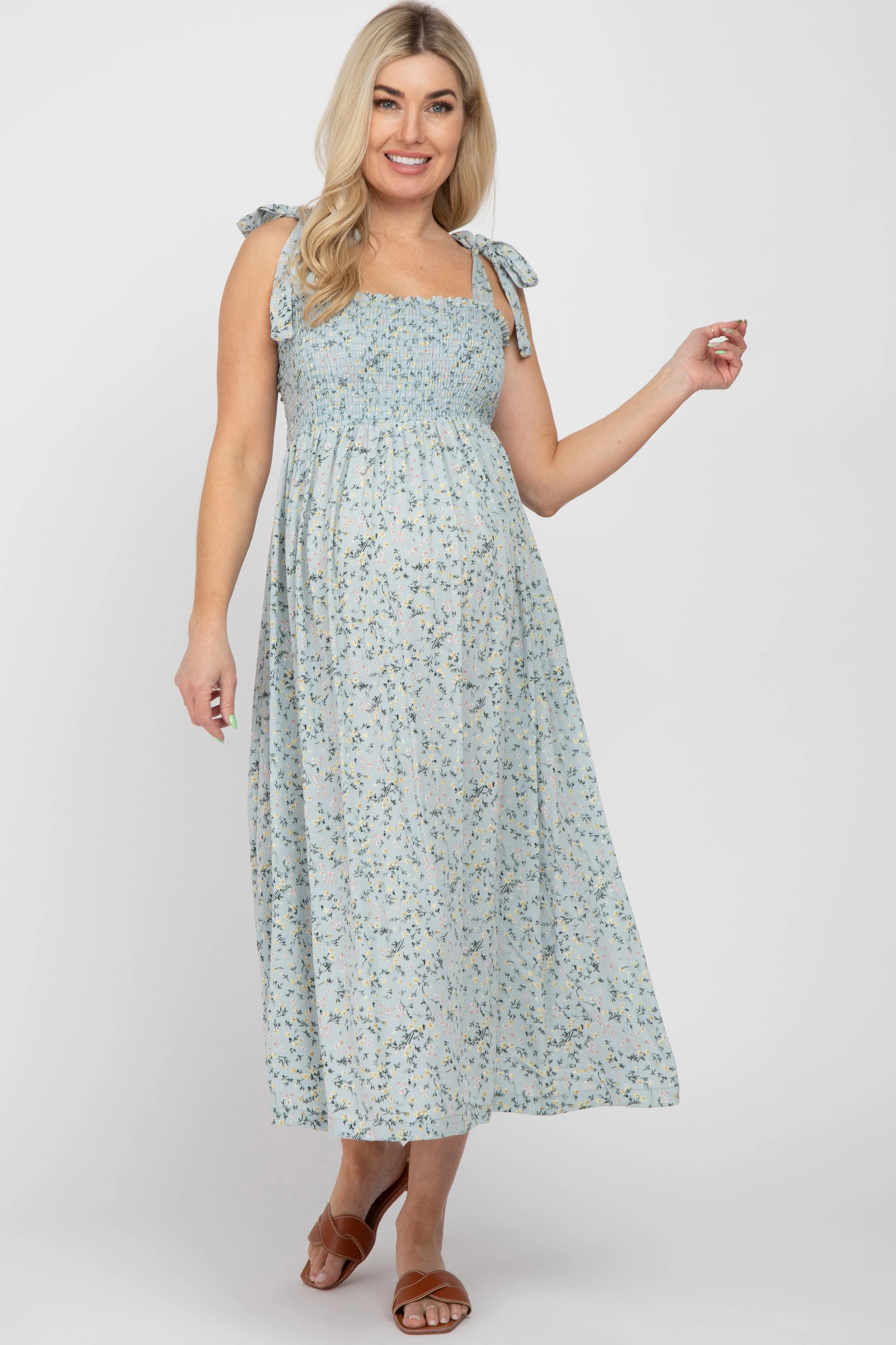Light Blue Floral Smocked Tie Strap Maternity Midi Dress sold by Pinkblush