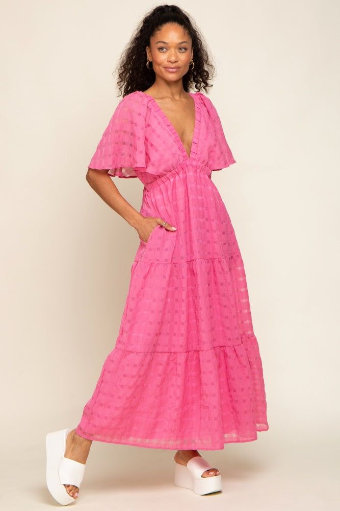 Pink Gingham Chiffon Tiered Midi Dress sold by Pinkblush product image thumbnail 4