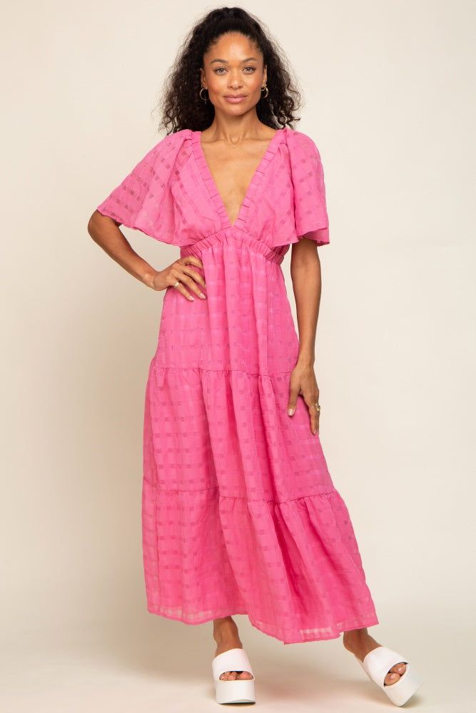 Pink Gingham Chiffon Tiered Midi Dress sold by Pinkblush