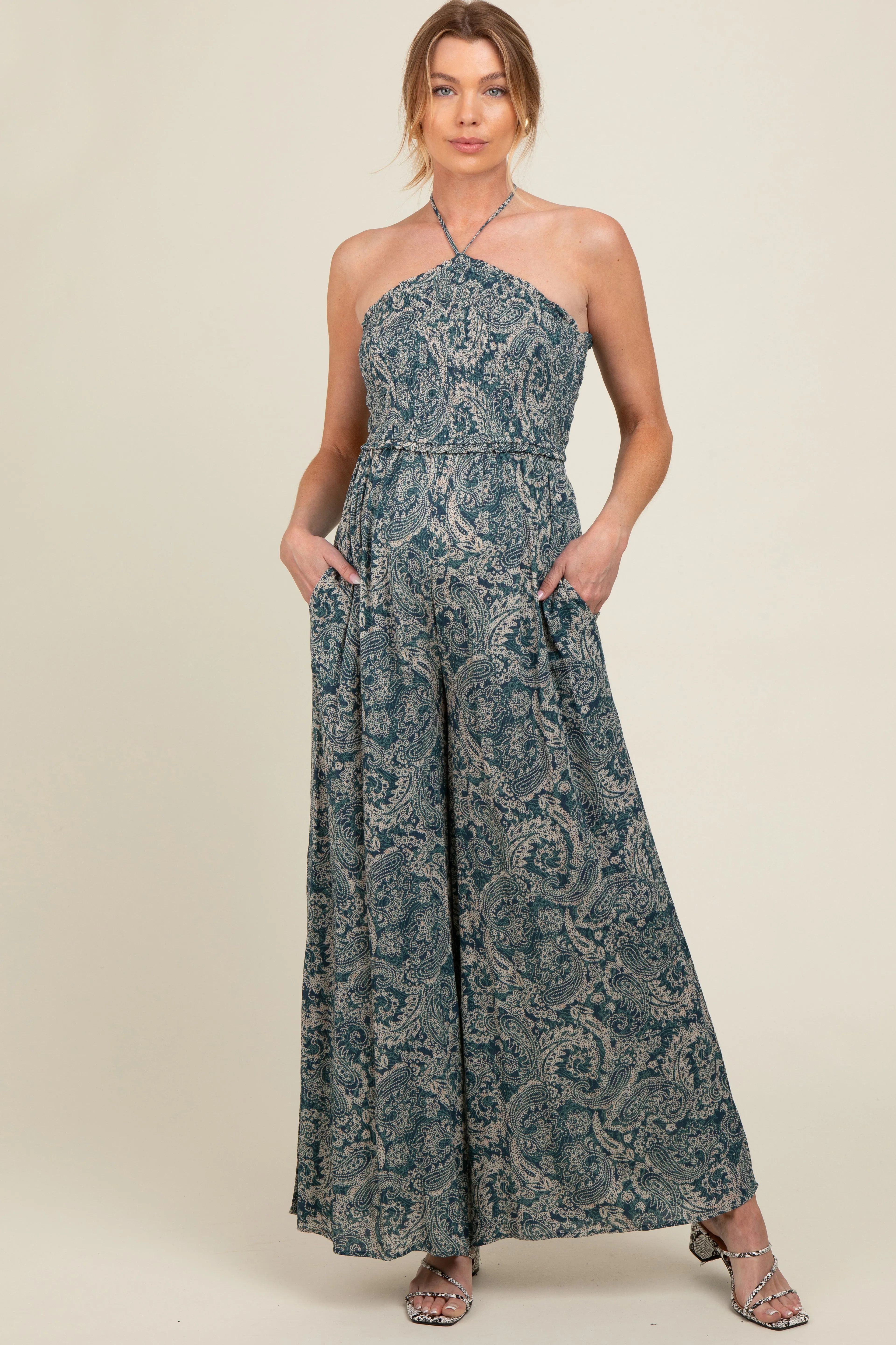 Teal Print Back Cutout Smocked Halter Wide Leg Maternity Jumpsuit sold by Pinkblush