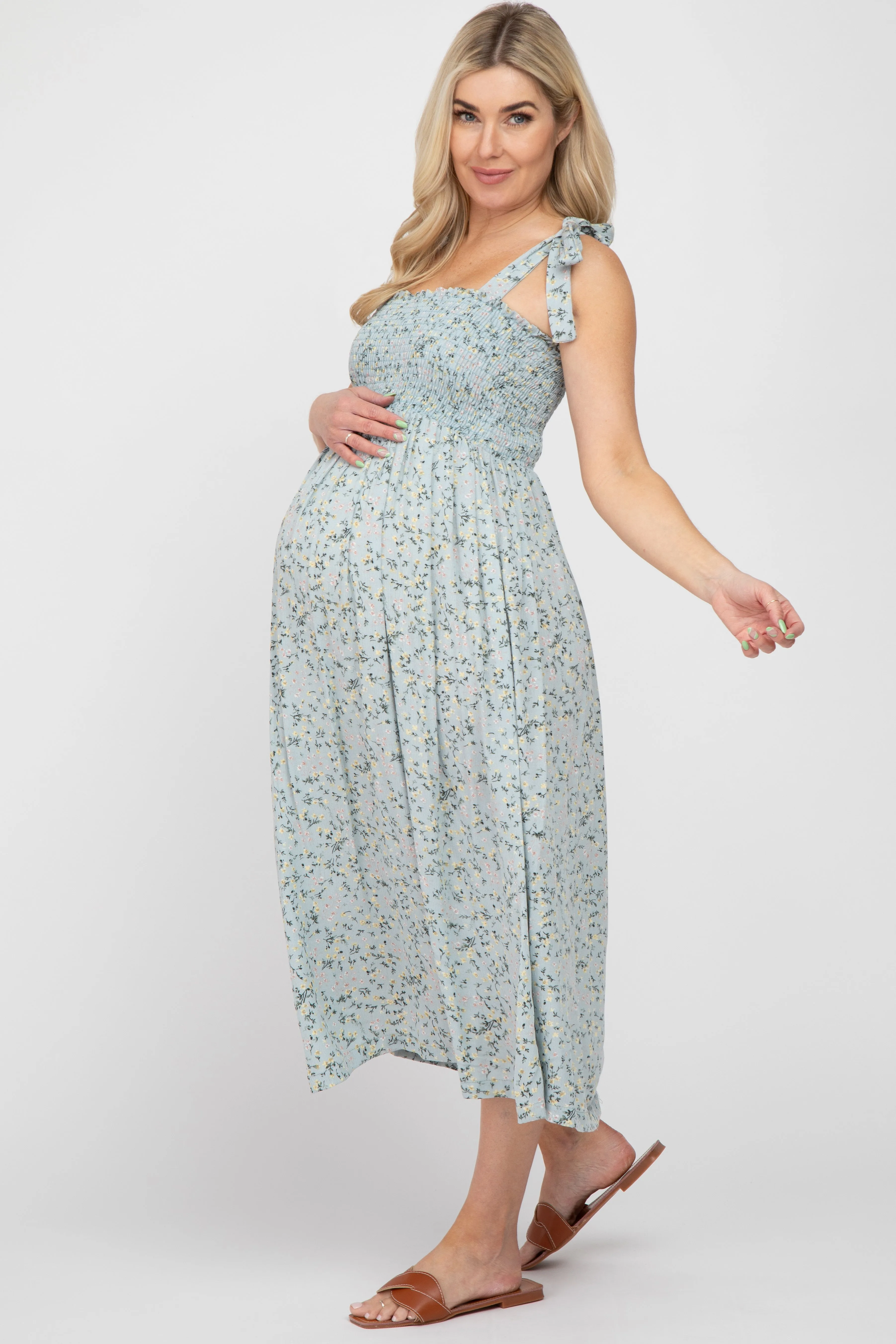 Light Blue Floral Smocked Tie Strap Maternity Midi Dress sold by Pinkblush product image thumbnail 2