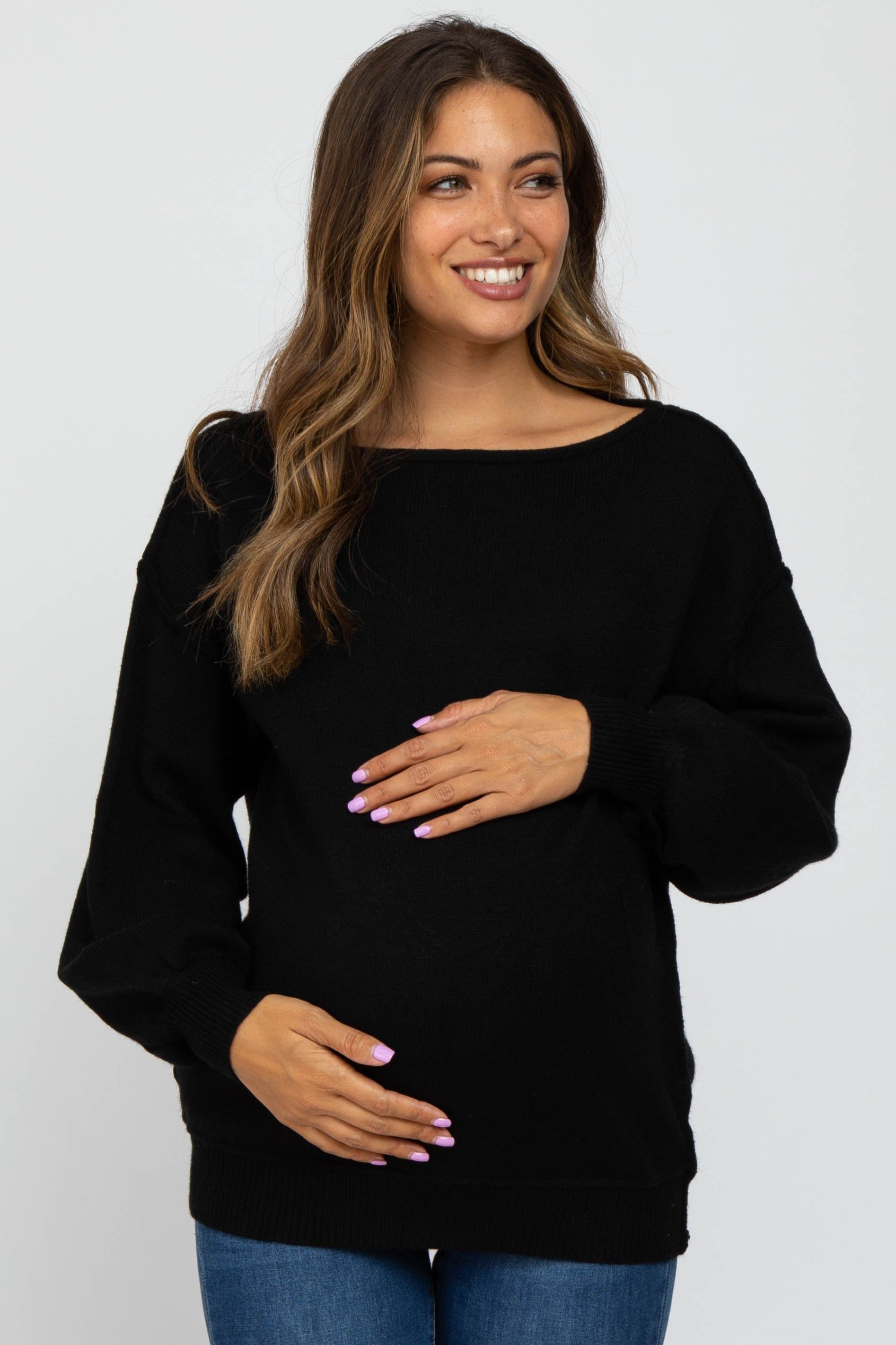 Black Boat Neck Bubble Sleeve Maternity Sweater sold by Pinkblush
