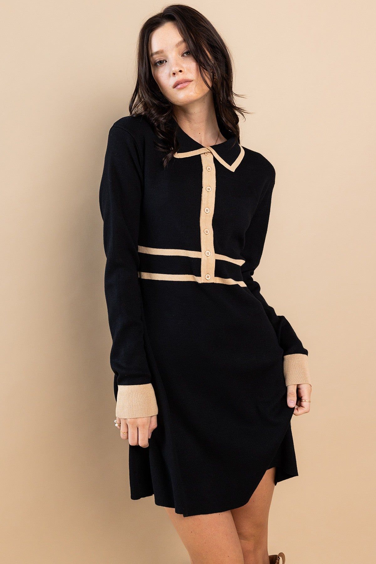 Black Basic Collared Sweater Mini Dress sold by Pinkblush product image thumbnail 2