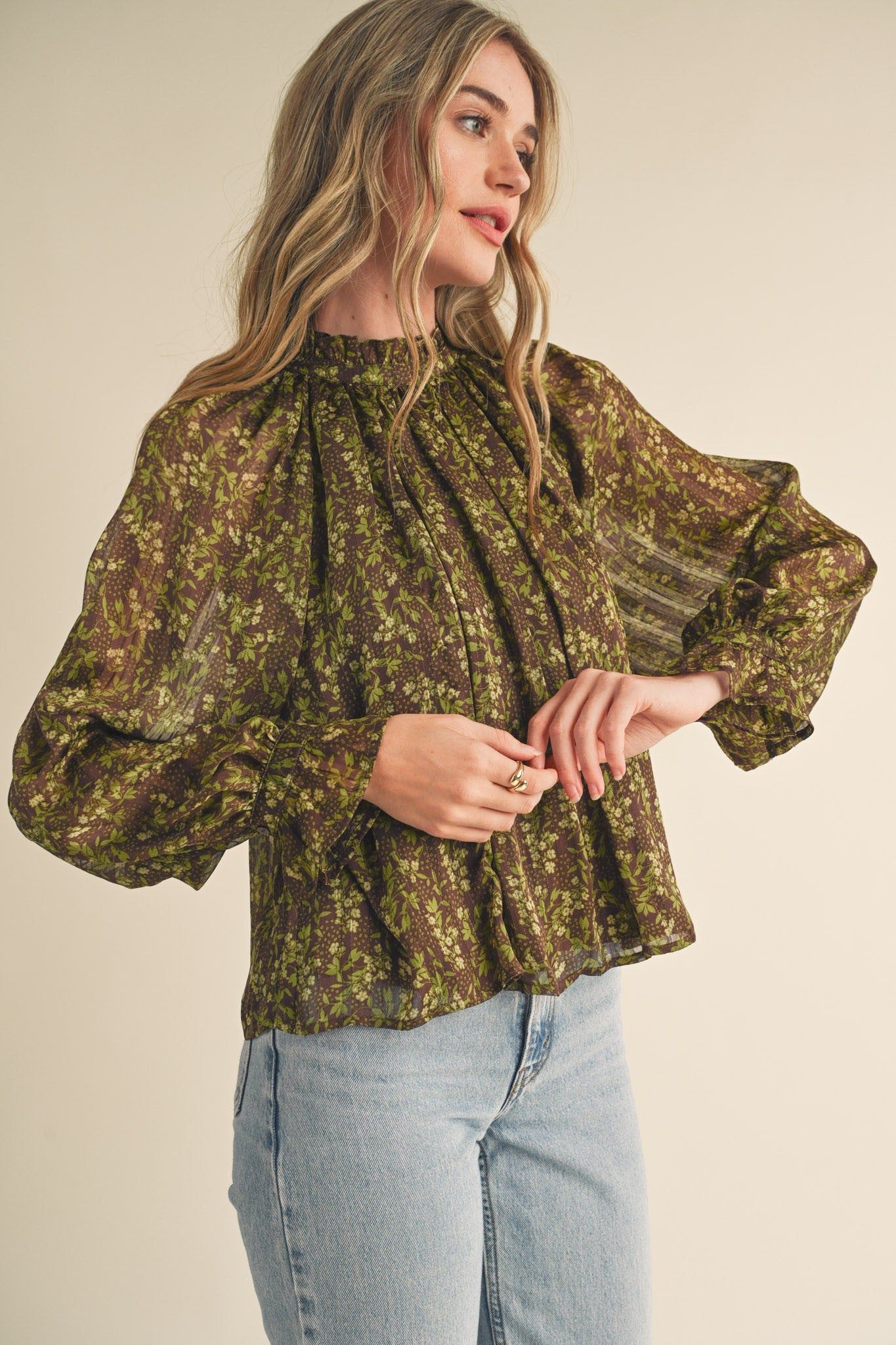 Brown Sage Lime Floral Balloon Sleeve Top sold by Pinkblush product image thumbnail 3