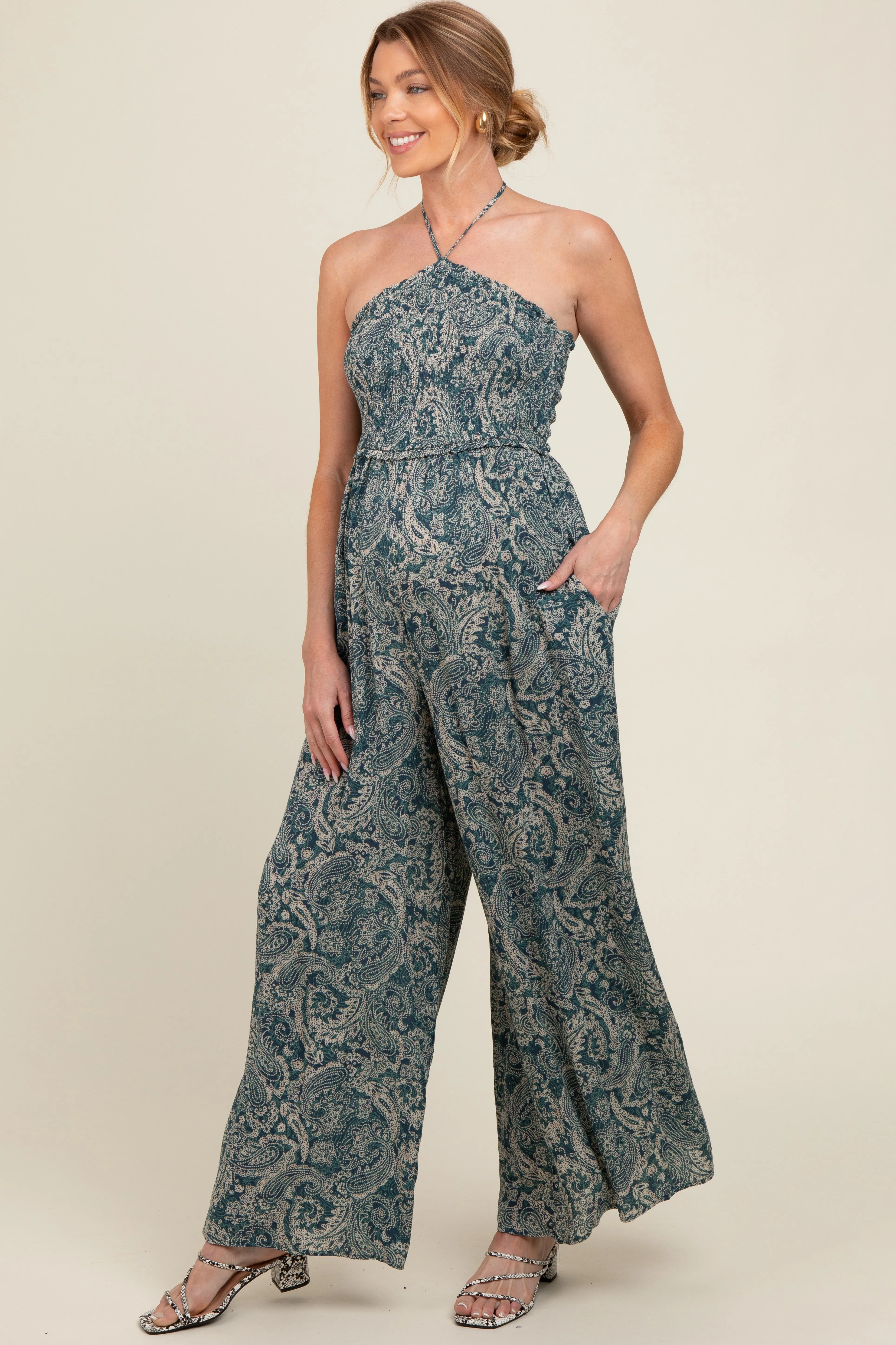 Teal Print Back Cutout Smocked Halter Wide Leg Maternity Jumpsuit sold by Pinkblush product image thumbnail 2