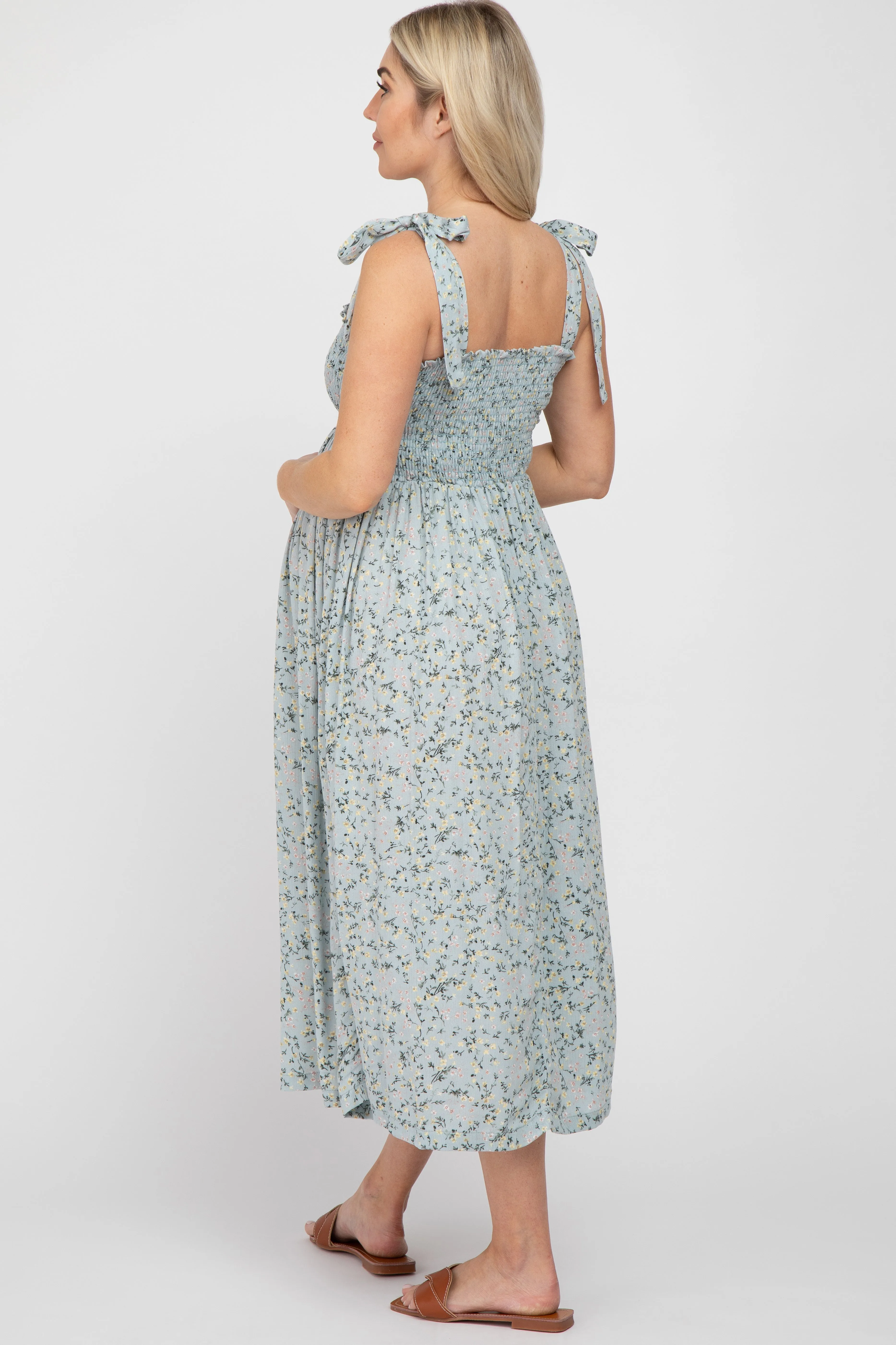 Light Blue Floral Smocked Tie Strap Maternity Midi Dress sold by Pinkblush product image thumbnail 3