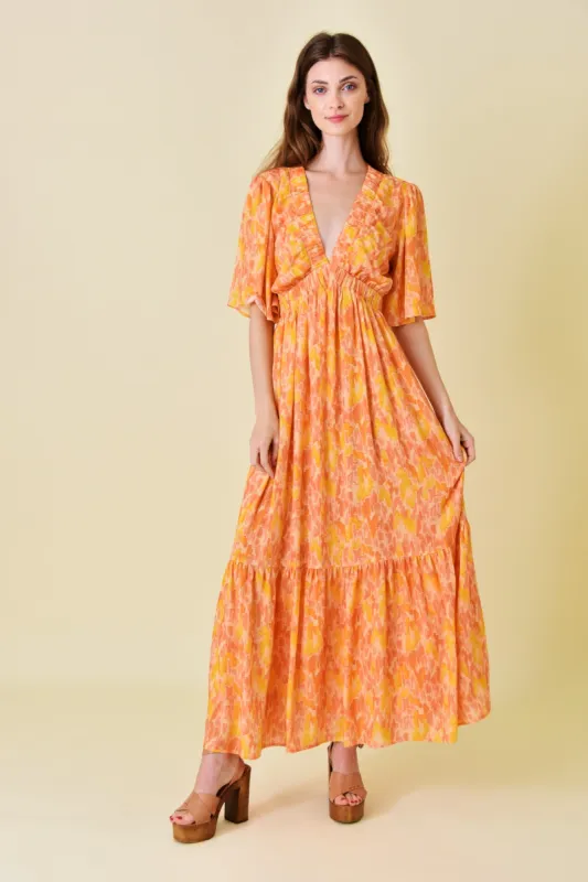Orange Print Back Cutout Maxi Dress sold by Pinkblush