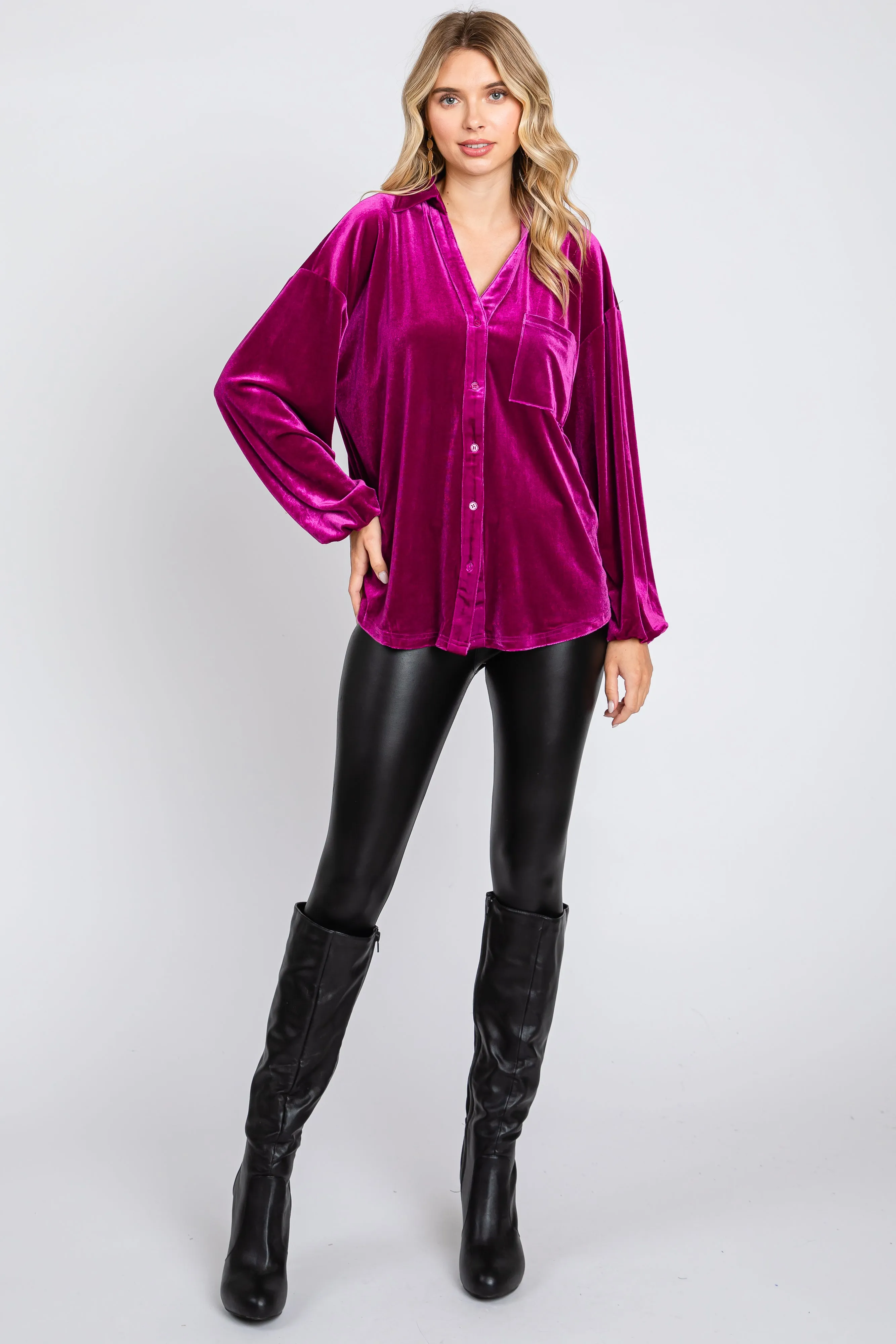 Magenta Velvet Button Fron Collared Blouse sold by Pinkblush product image thumbnail 4