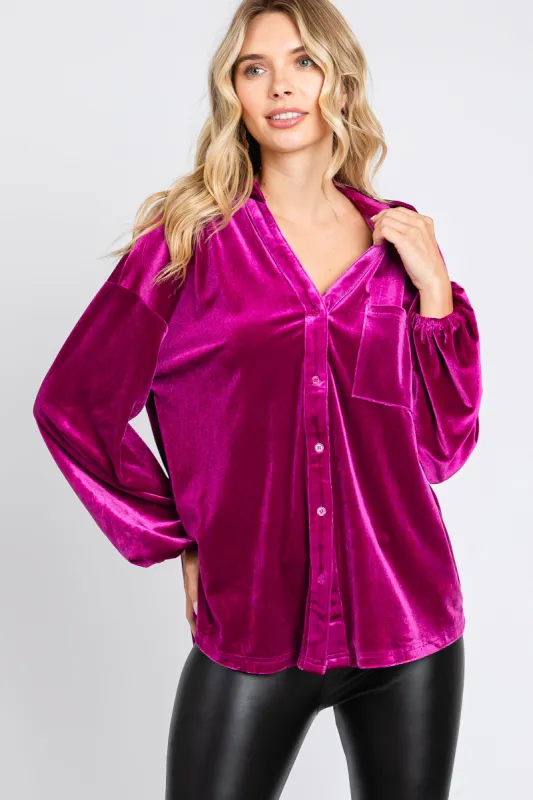 Magenta Velvet Button Fron Collared Blouse sold by Pinkblush