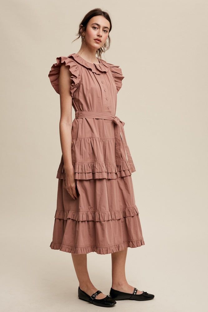 Mocha Ruffle Loose Tiered Silhouette Maxi Dress sold by Pinkblush