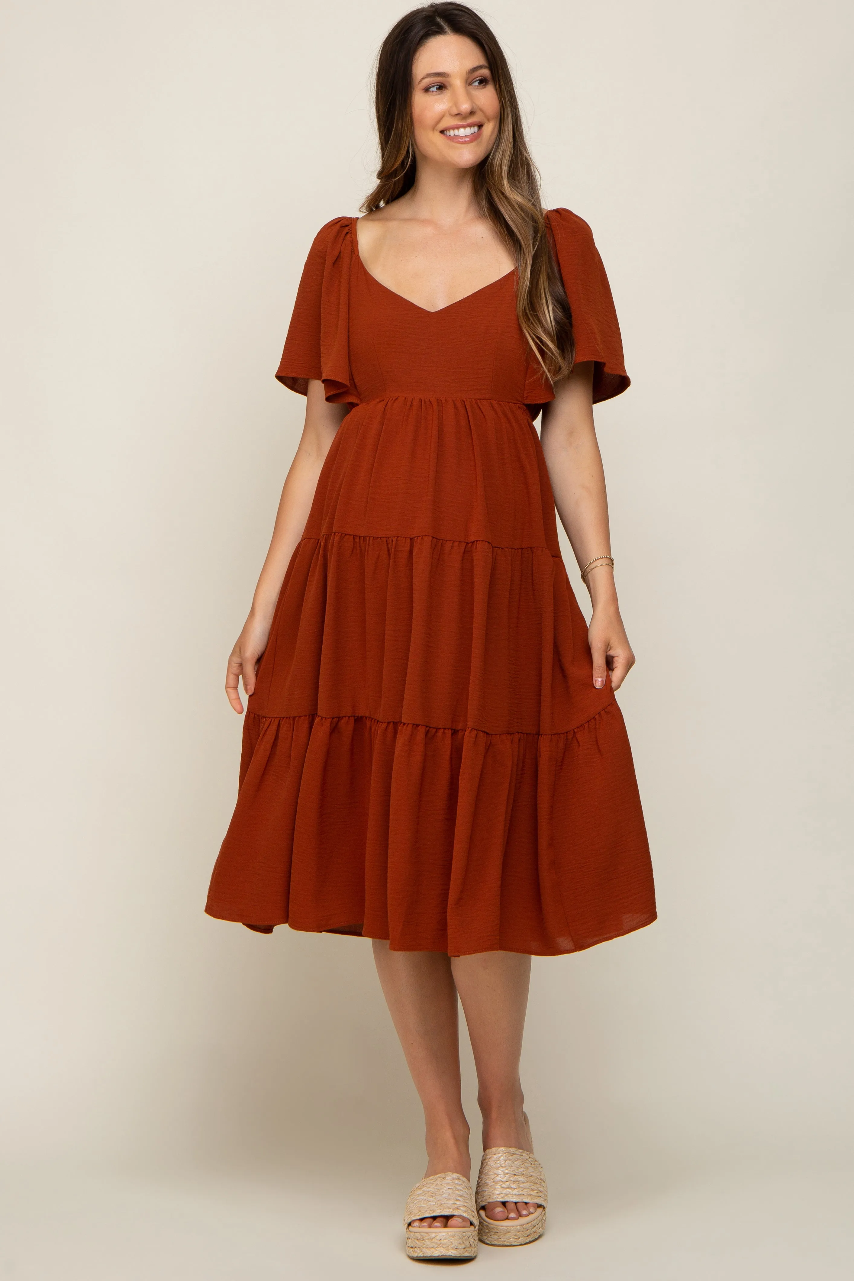 Rust Tiered Criss Cross Back Maternity Midi Dress sold by Pinkblush product image thumbnail 5