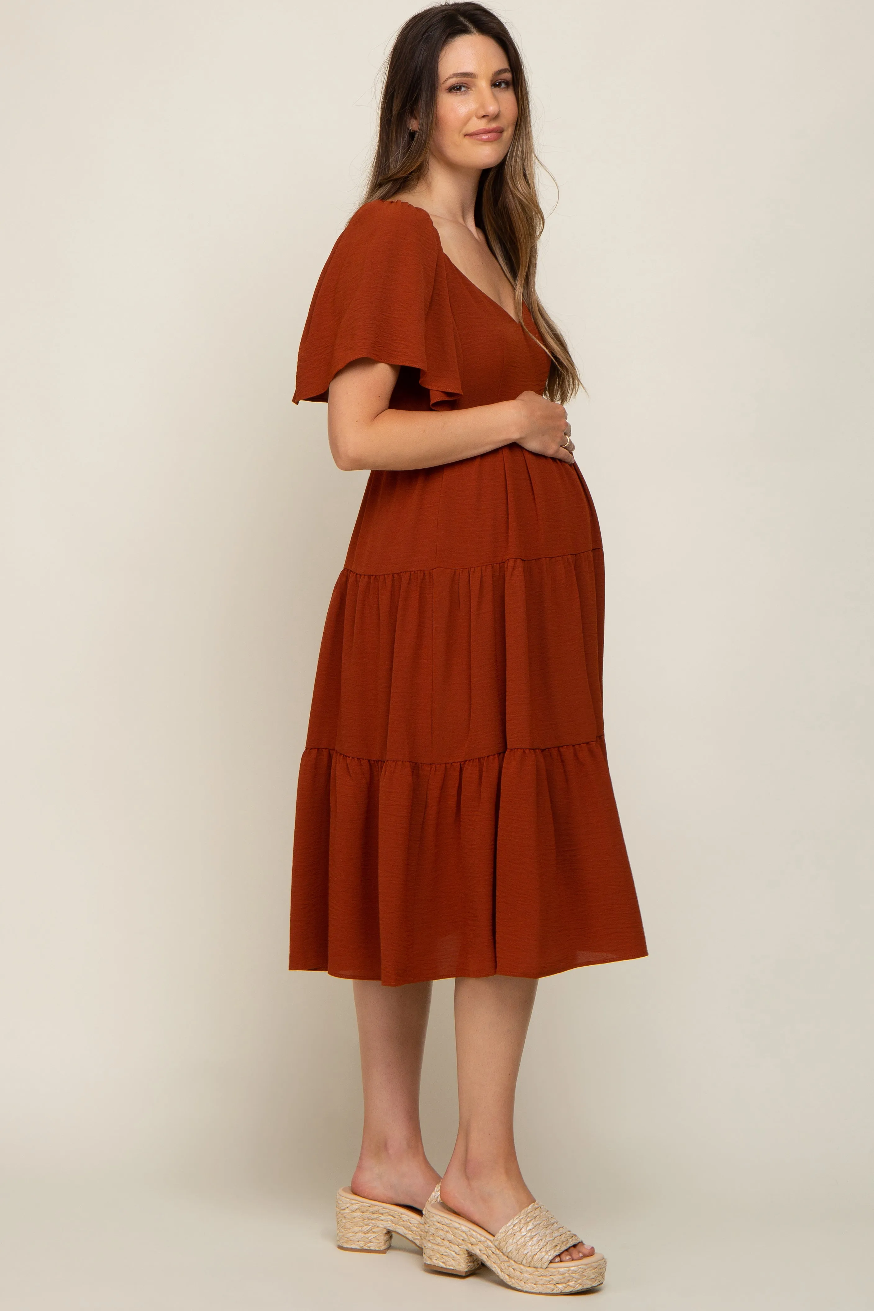Rust Tiered Criss Cross Back Maternity Midi Dress sold by Pinkblush product image thumbnail 3