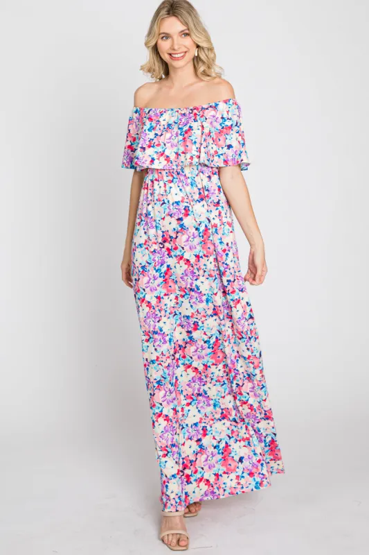 Pink Floral Off Shoulder Maxi Dress sold by Pinkblush