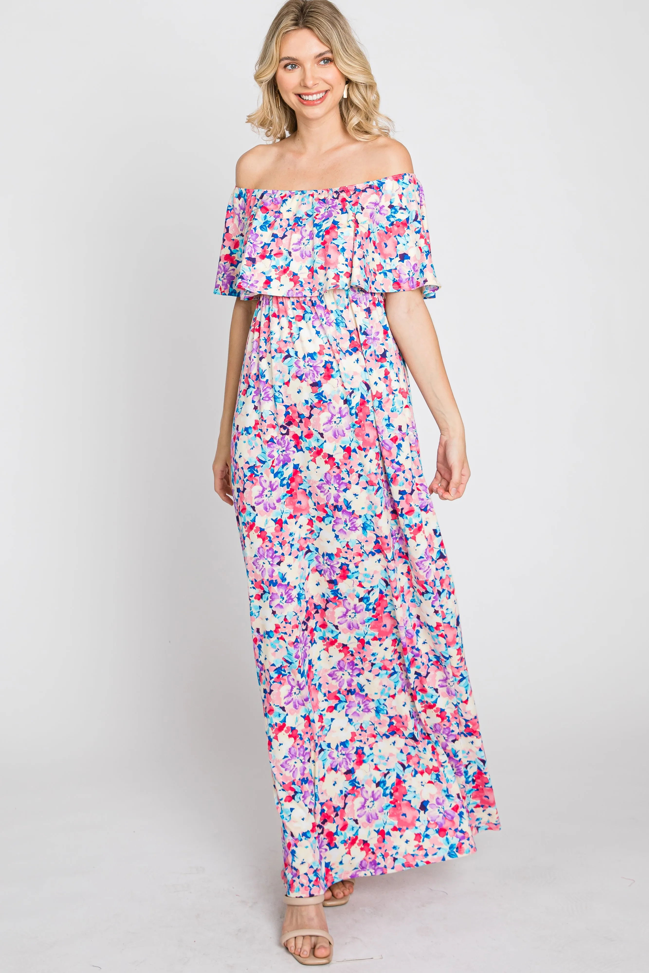 Pink Floral Off Shoulder Maxi Dress sold by Pinkblush