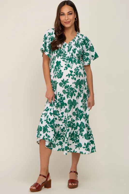 Green Floral Smocked Maternity Midi Dress sold by Pinkblush