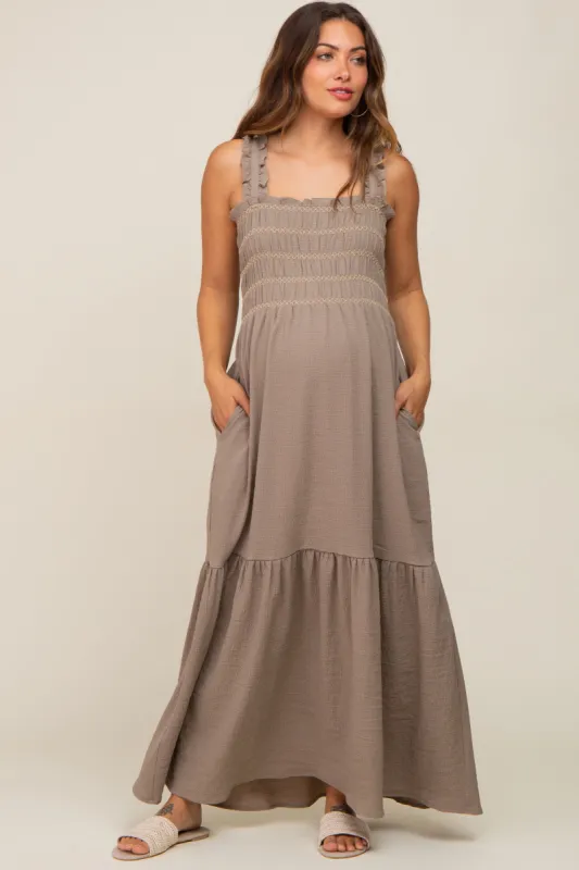 Olive Smocked Embroidered Ruffle Strap Maternity Maxi Dress sold by Pinkblush