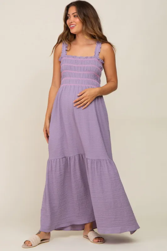Lavender Smocked Embroidered Ruffle Strap Maternity Maxi Dress sold by Pinkblush