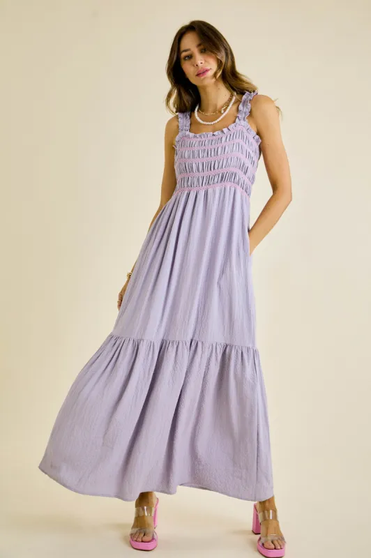 Lavender Smocked Embroidered Ruffle Strap Maxi Dress sold by Pinkblush