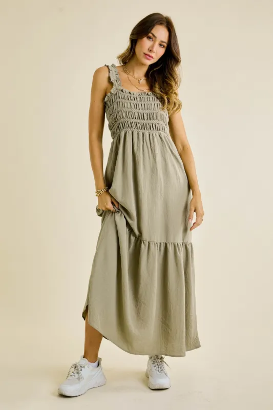 Olive Smocked Embroidered Ruffle Strap Maxi Dress sold by Pinkblush