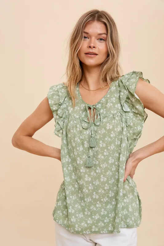Light Olive Floral Front Tie Ruffle Shoulder Top sold by Pinkblush
