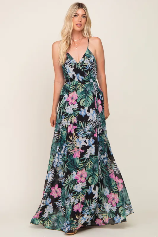 Black Tropical Floral Chiffon Wrap Front Maxi Dress sold by Pinkblush