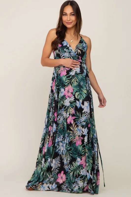 Black Tropical Floral Chiffon Wrap Front Maternity Maxi Dress sold by Pinkblush
