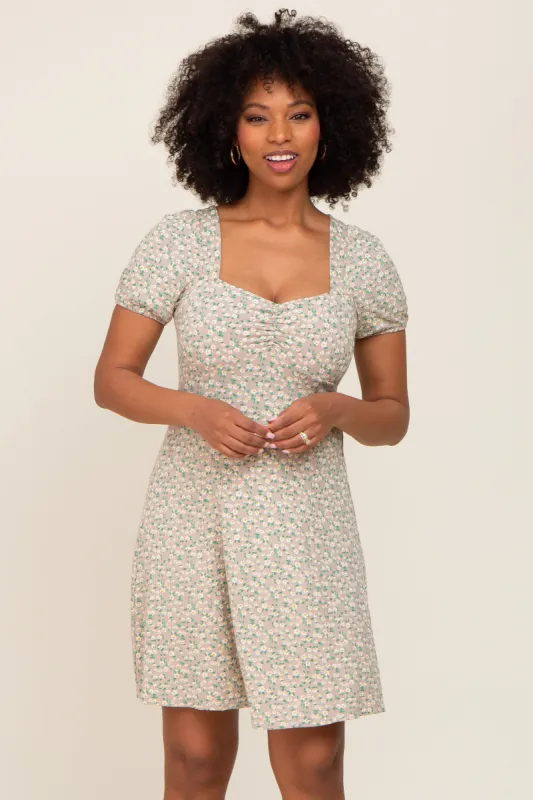 Beige Floral Criss Cross Back A-Line Dress sold by Pinkblush