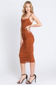 Rust Ruched Mesh Square Neck Midi Dress sold by Pinkblush