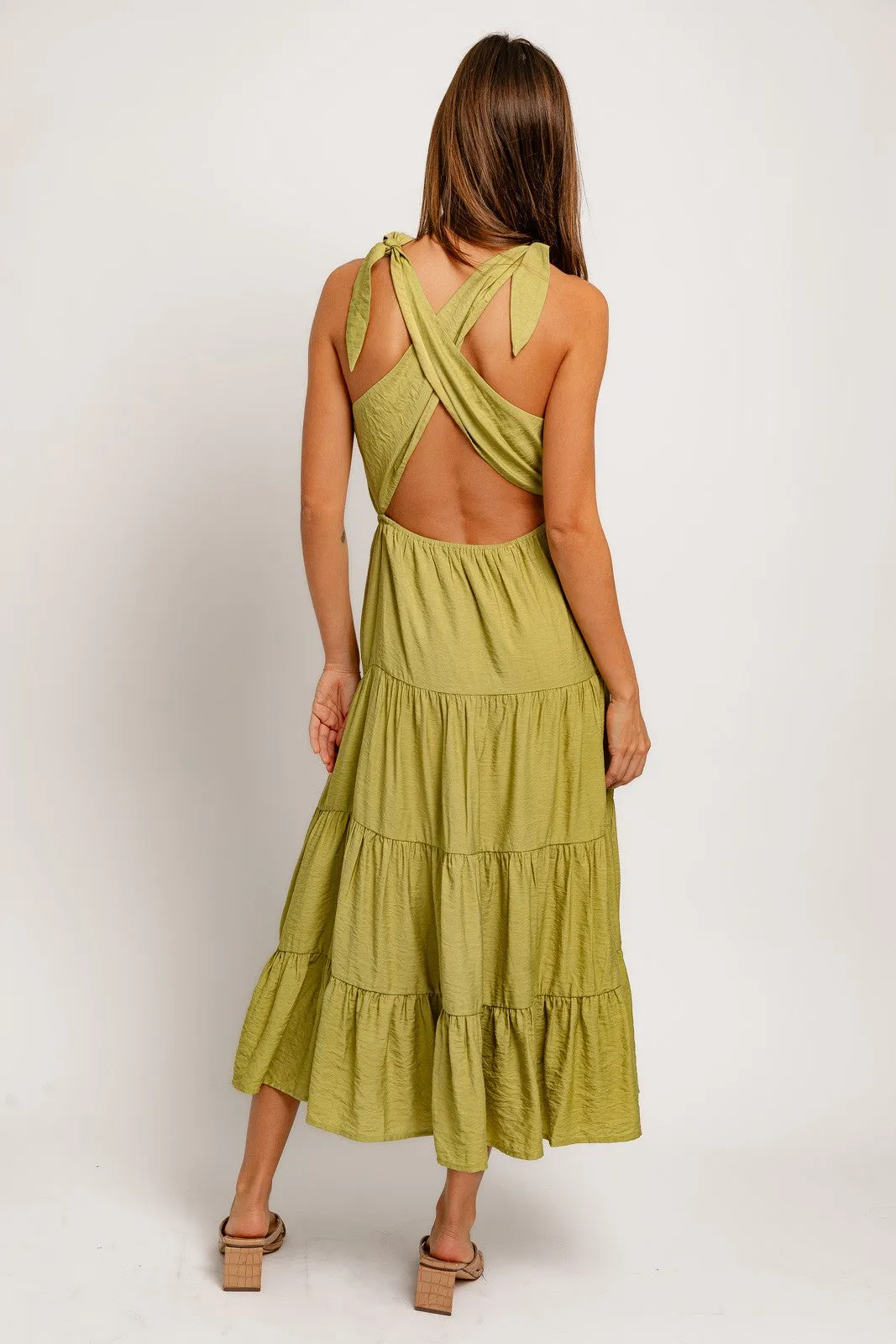 Green Sleeveless Round-Neck Tie Back Tiered Midi Dress sold by Pinkblush product image thumbnail 3