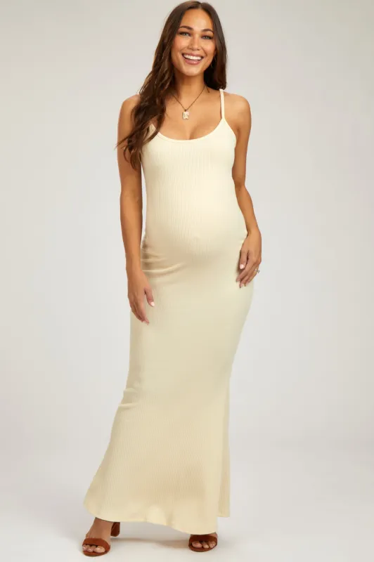 Cream Ribbed Maternity Maxi Dress sold by Pinkblush