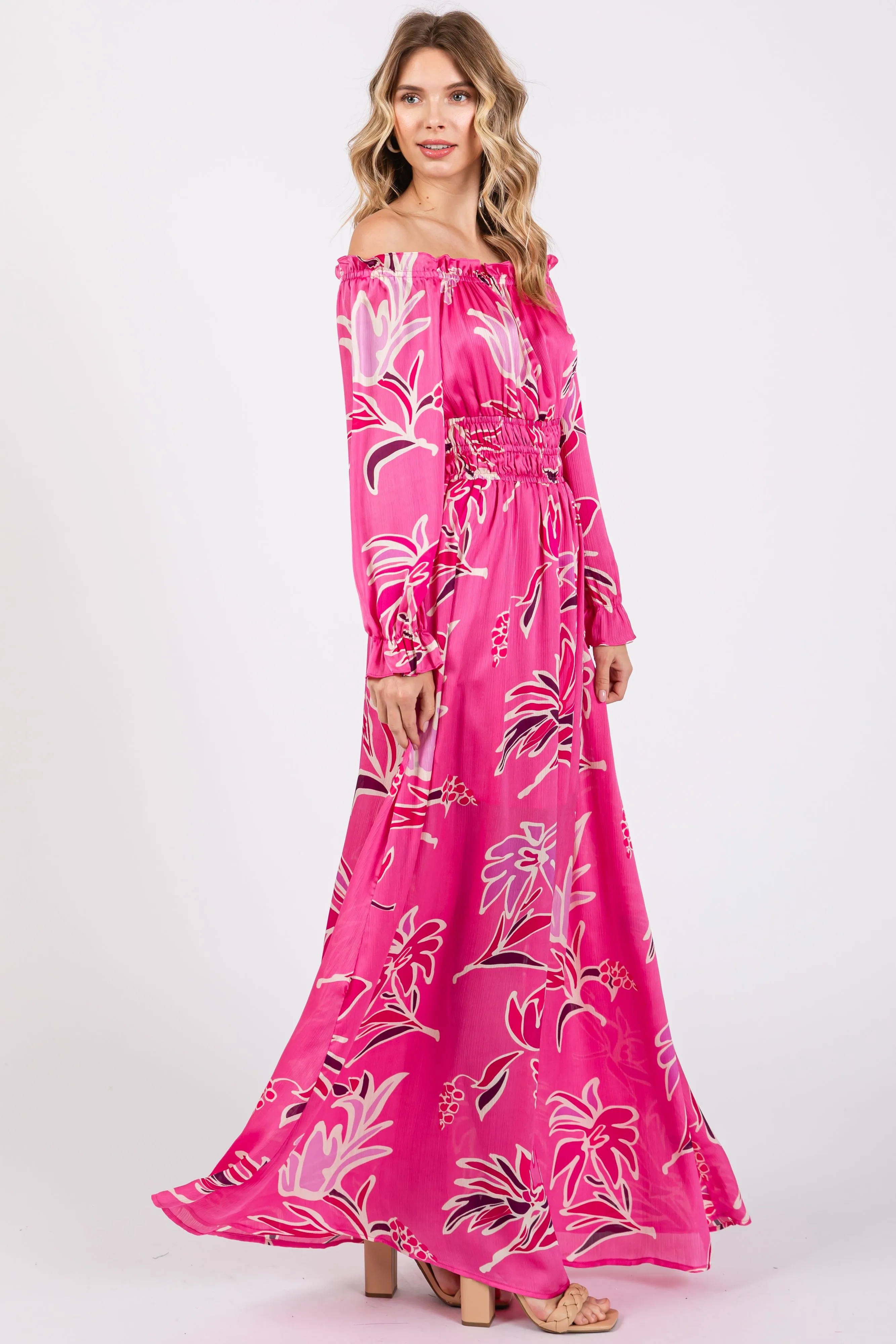 Fuchsia Floral Ruffle Neck Maxi Dress sold by Pinkblush product image thumbnail 2