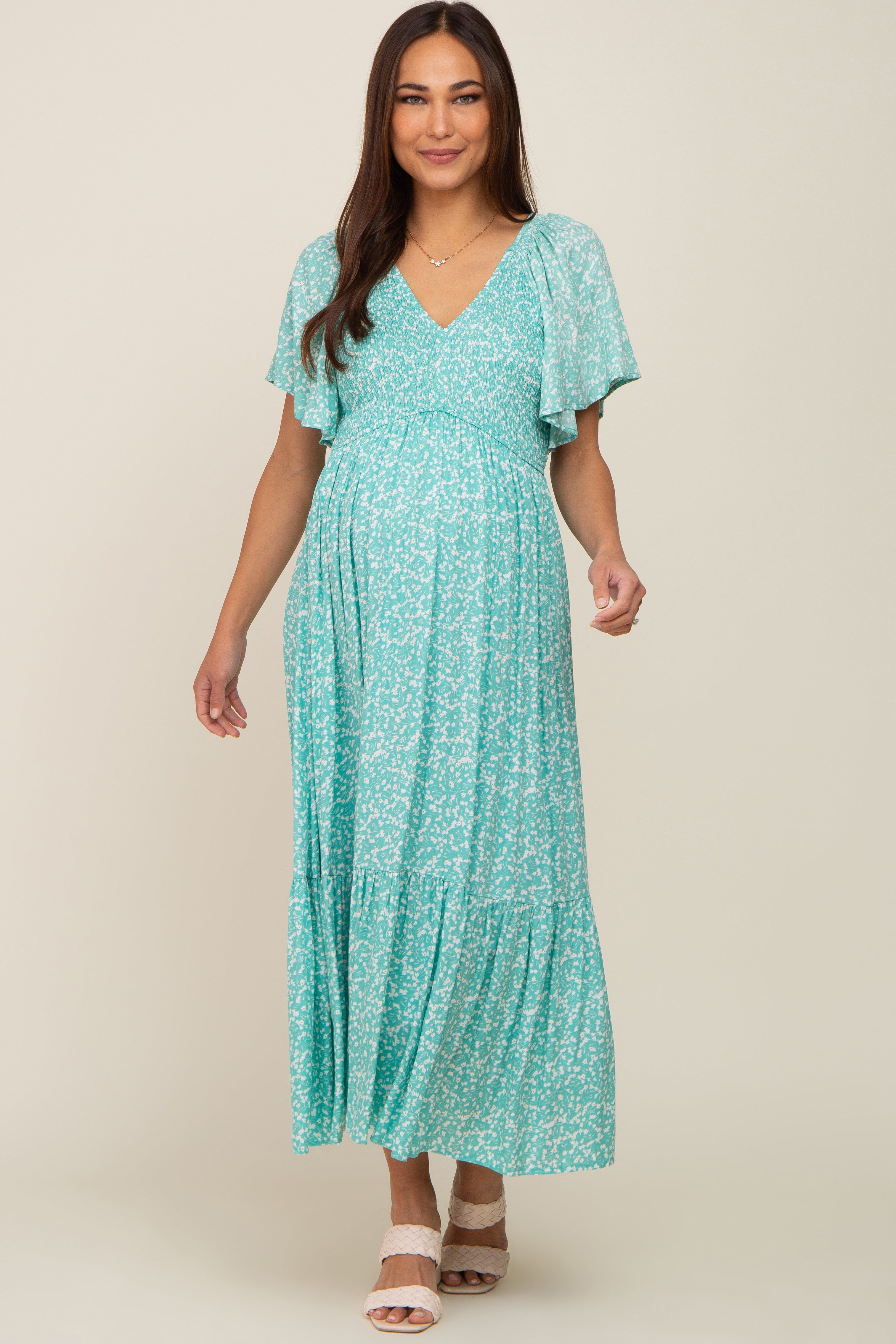 Jade Floral Smocked V-Neck Flutter Short Sleeve Maternity Midi Dress sold by Pinkblush product image thumbnail 4