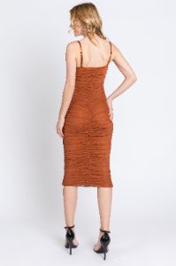 Rust Ruched Mesh Square Neck Midi Dress sold by Pinkblush