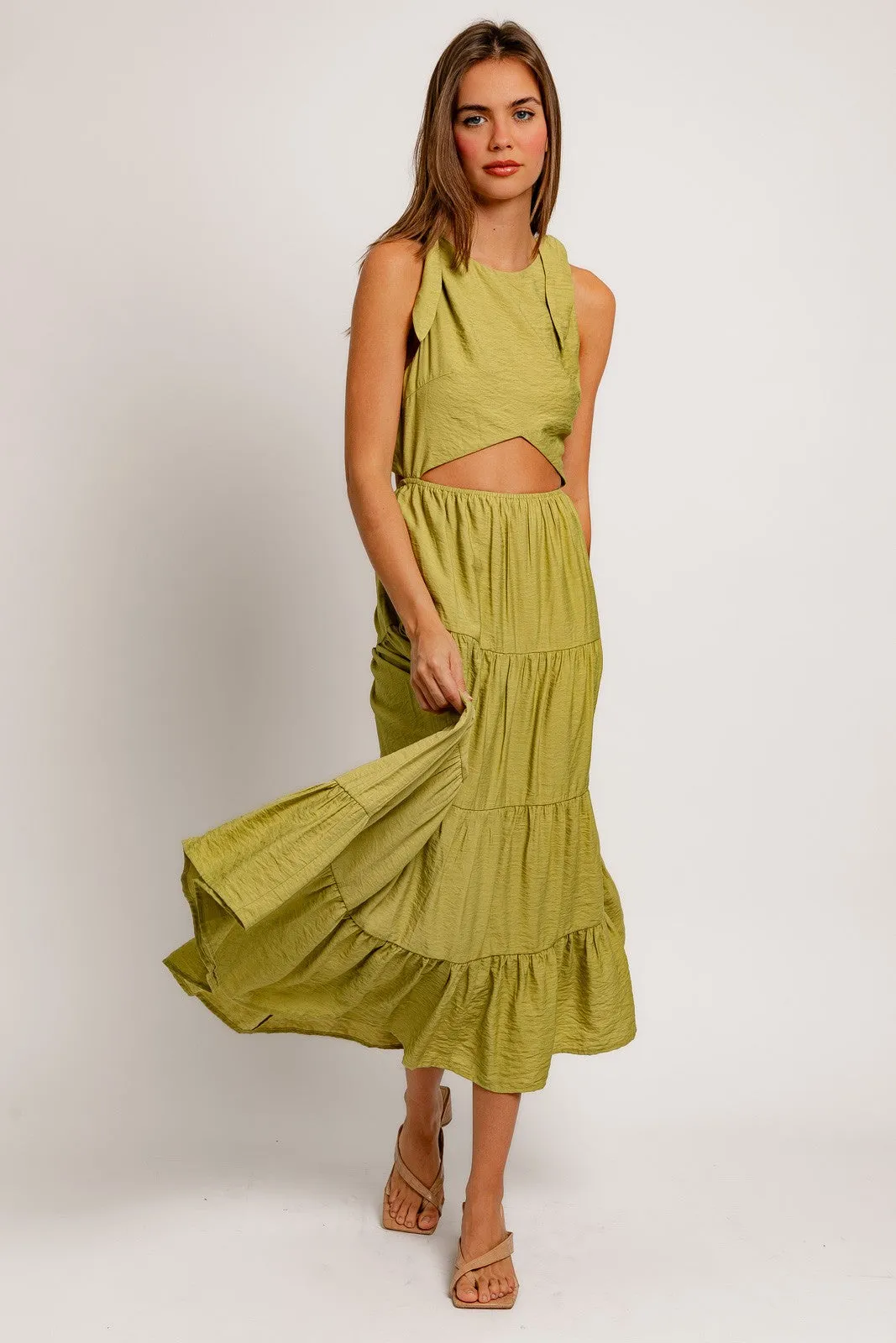 Green Sleeveless Round-Neck Tie Back Tiered Midi Dress sold by Pinkblush