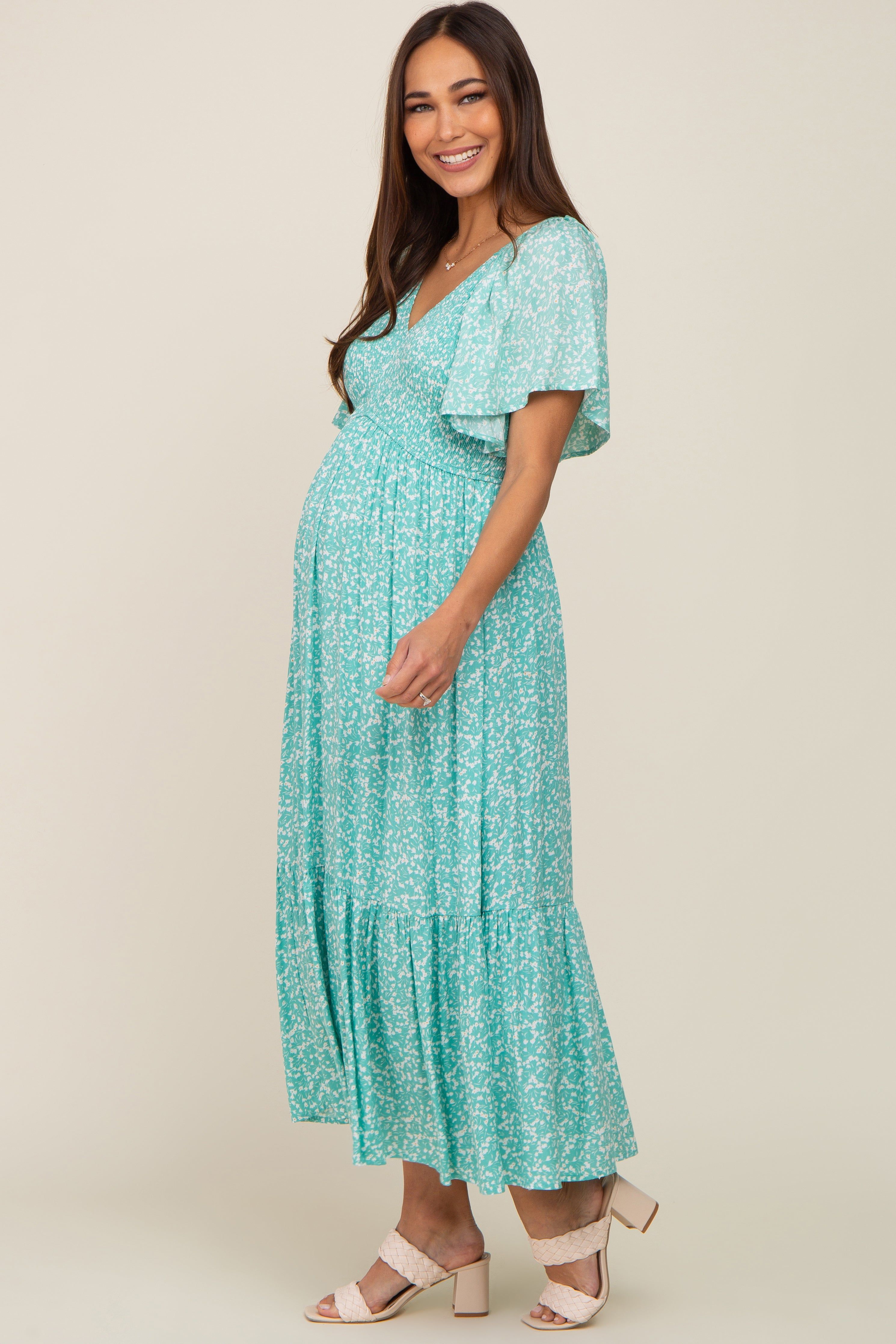 Jade Floral Smocked V-Neck Flutter Short Sleeve Maternity Midi Dress sold by Pinkblush product image thumbnail 2